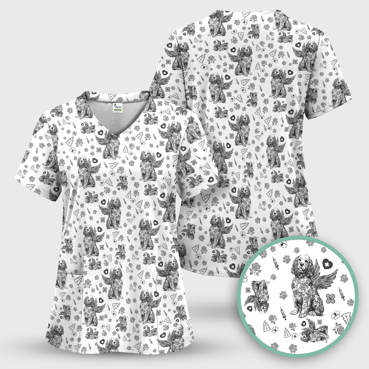 Toile De Jouy Scrubs for Nurses - Angel Puppy Medical Uniform - Floral Dog in Heaven Gift for Women, Vet Techs, RN CNA LPN