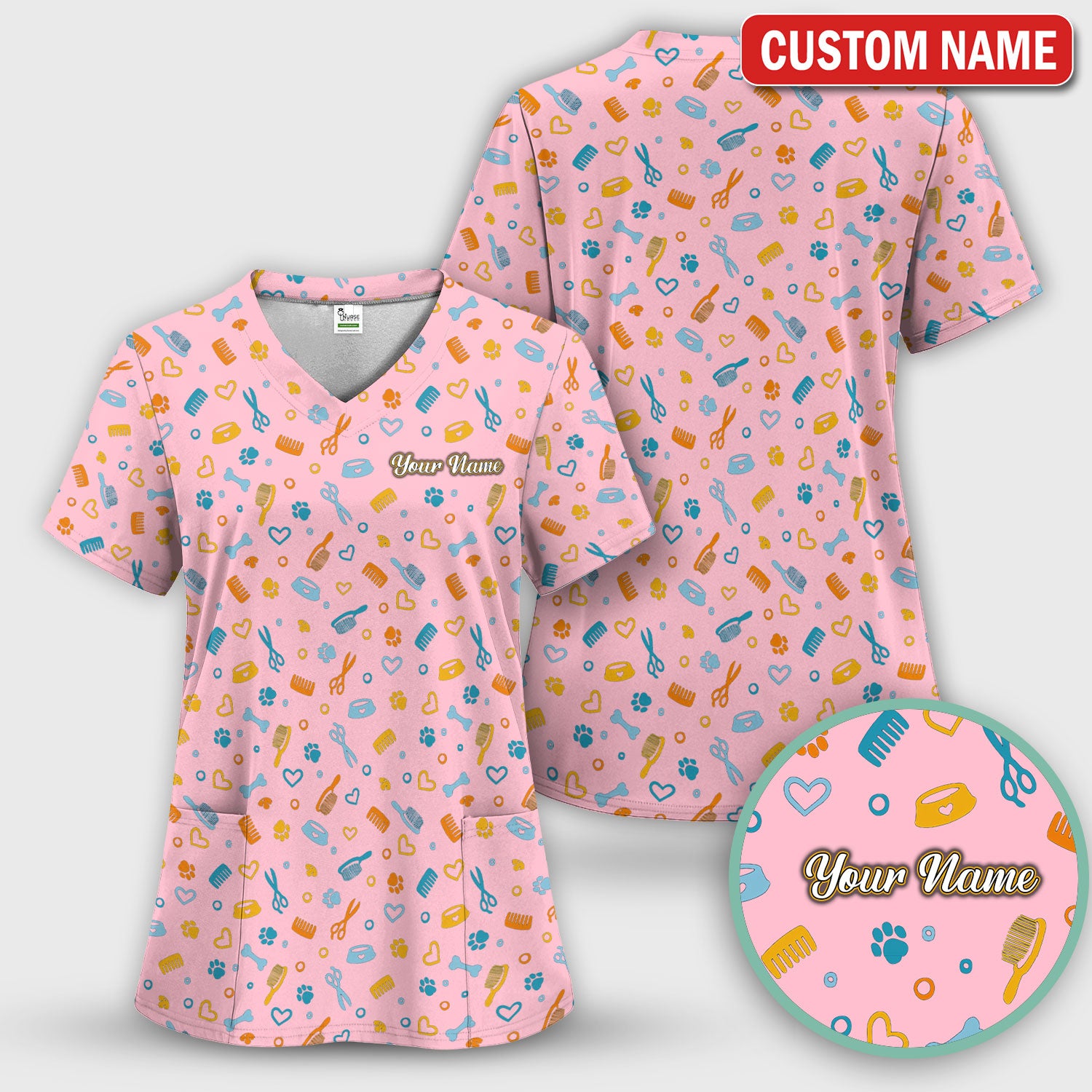 Custom Name Dog Cat Grooming Pattern Scrub Top, Breathable Fabrics Nursing Uniform