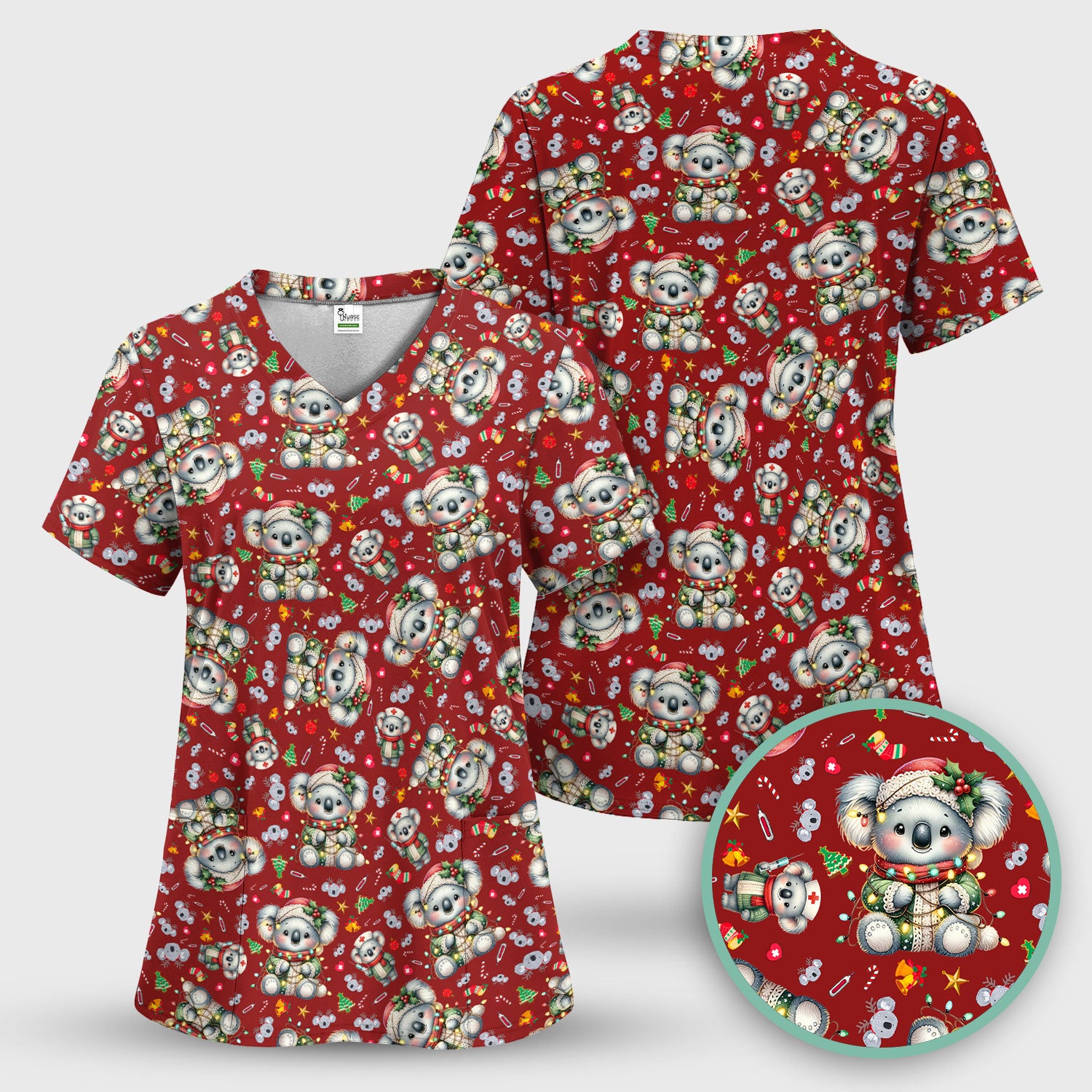 Christmas Koala Scrub Top - Cute Aussie Holiday Nurse Shirt for Women - Funny Animal Medical Uniform