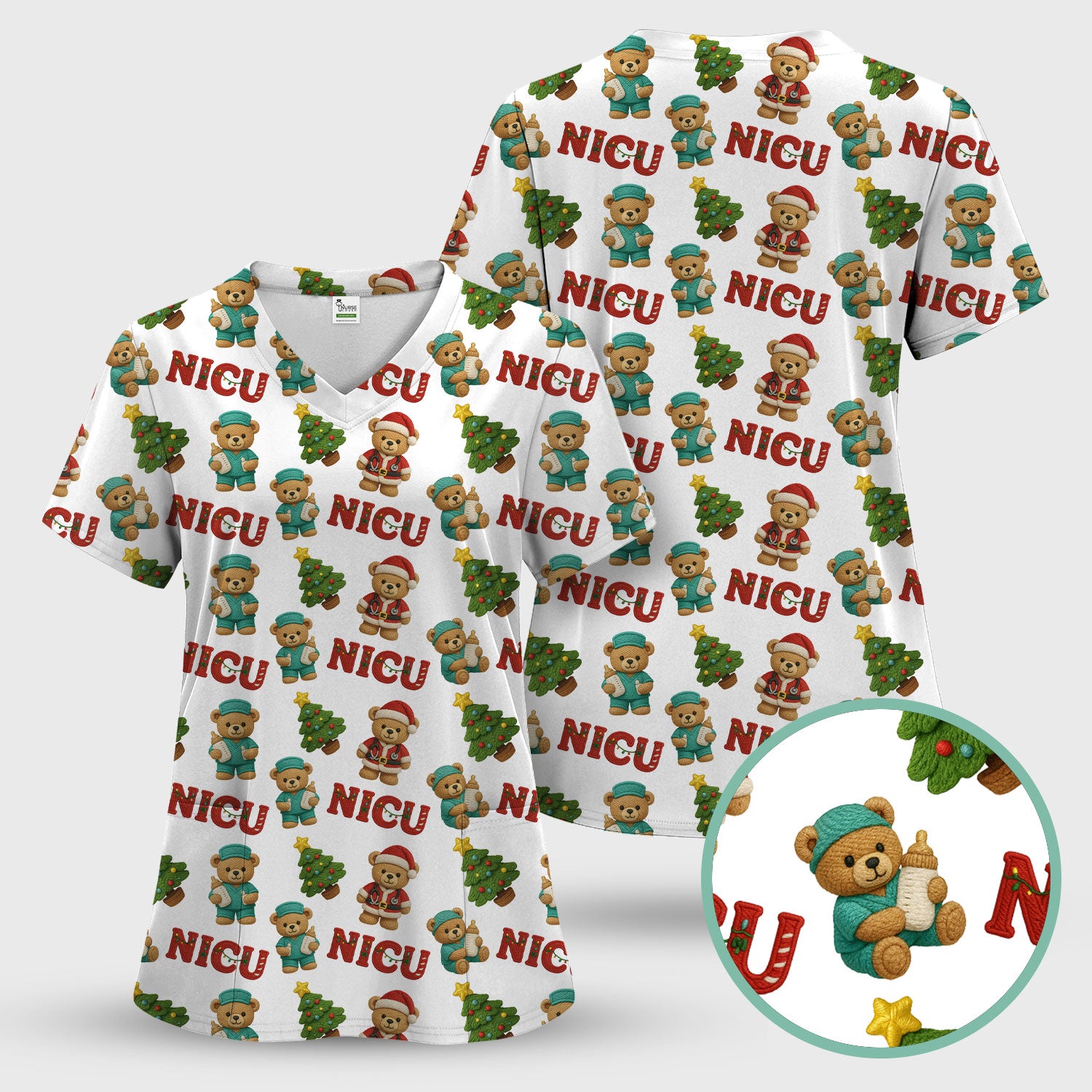 Festive Christmas NICU Nurse Teddy Bear Pattern Scrub Set, Breathable Med Uniform