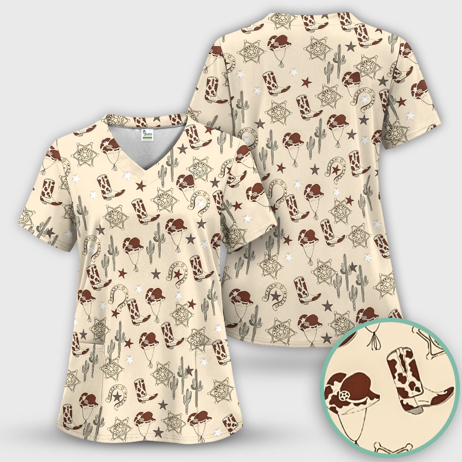 Funny Cowboy Hats & Boots Pattern Scrub Top, Comfortable Scrubs for Nurses