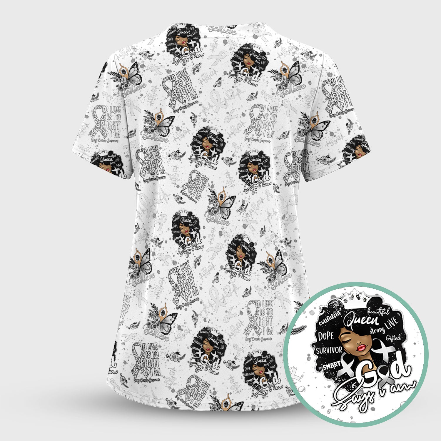 Cancer Awareness Scrub Top - Black Women Survivor Faith in God Nurse Shirt - Inspirational Gift for Fighters Supporters Caregivers