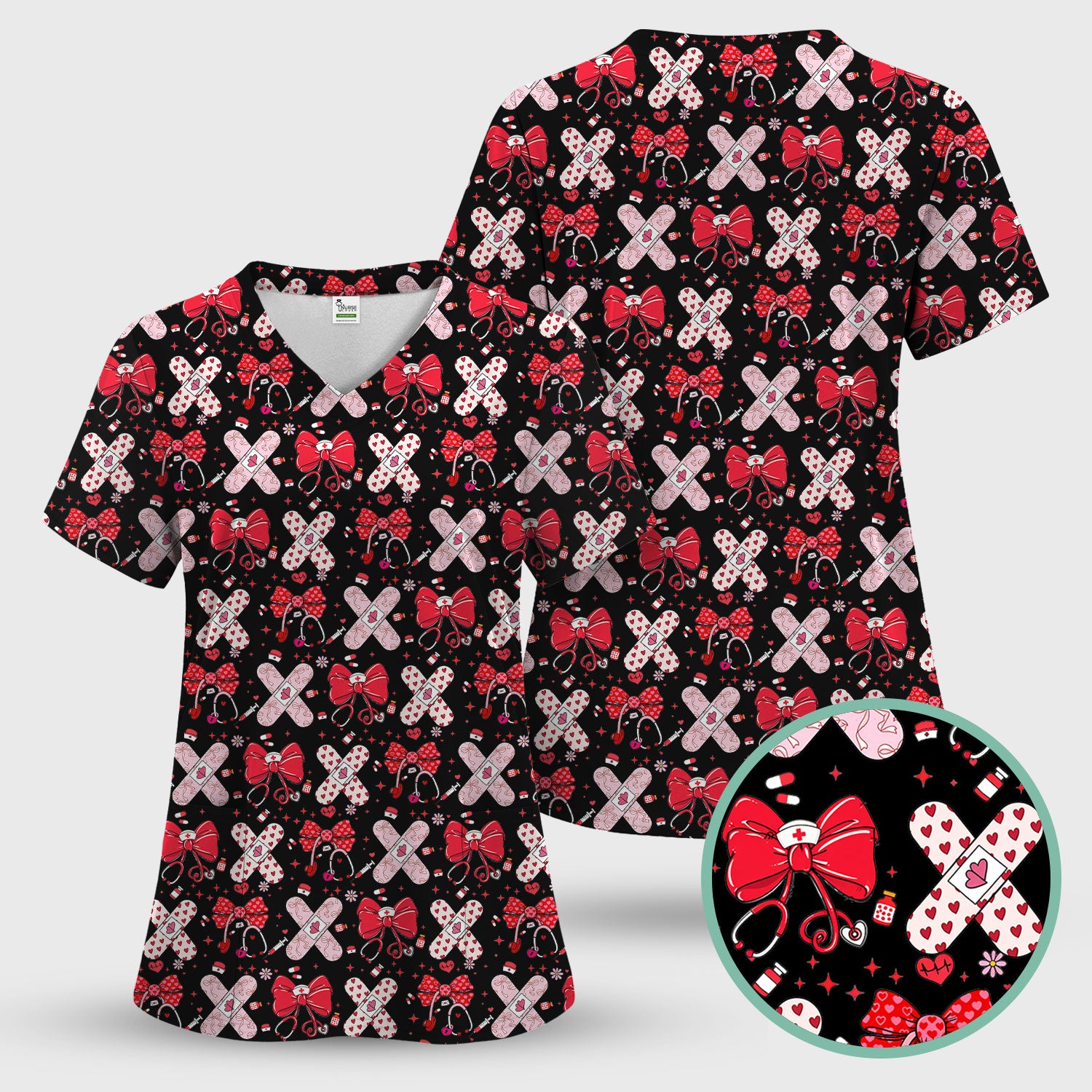 Valentine Nurse Scrub Top, Red Bow And Heart Bandage Pattern Medical Shirt, Breathable Fabrics Nursing Uniform