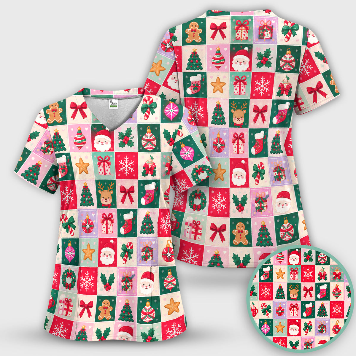 Cute Christmas Santa Patchwork Scrub Set, Scrub Pants and V Neck Top