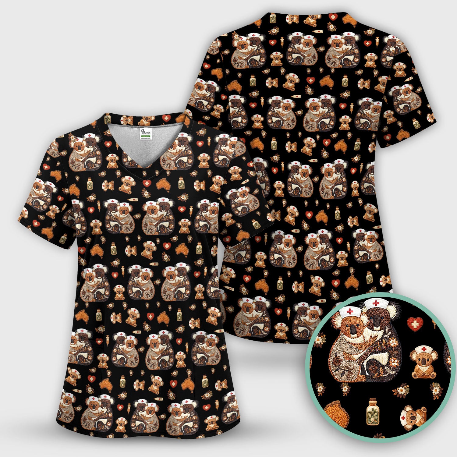Cute Cartoon Koala Valentine Nurse Design Scrub Top, Breathable Fabrics Nursing Uniform