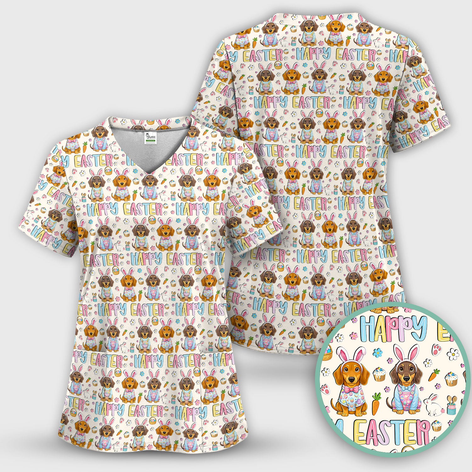 Happy Easter Dachshund Bunny Print Scrub Top, Comfortable Scrubs for Nurses