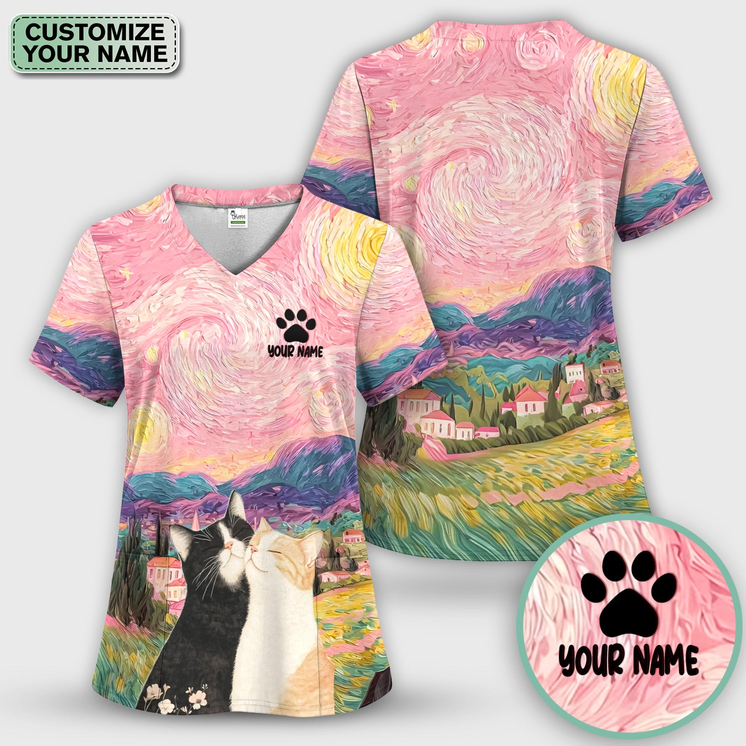 Personalized Cat Couple Sunset Swirl Sky Landscape Pattern Scrub Set, Scrub Pants and V Neck Top