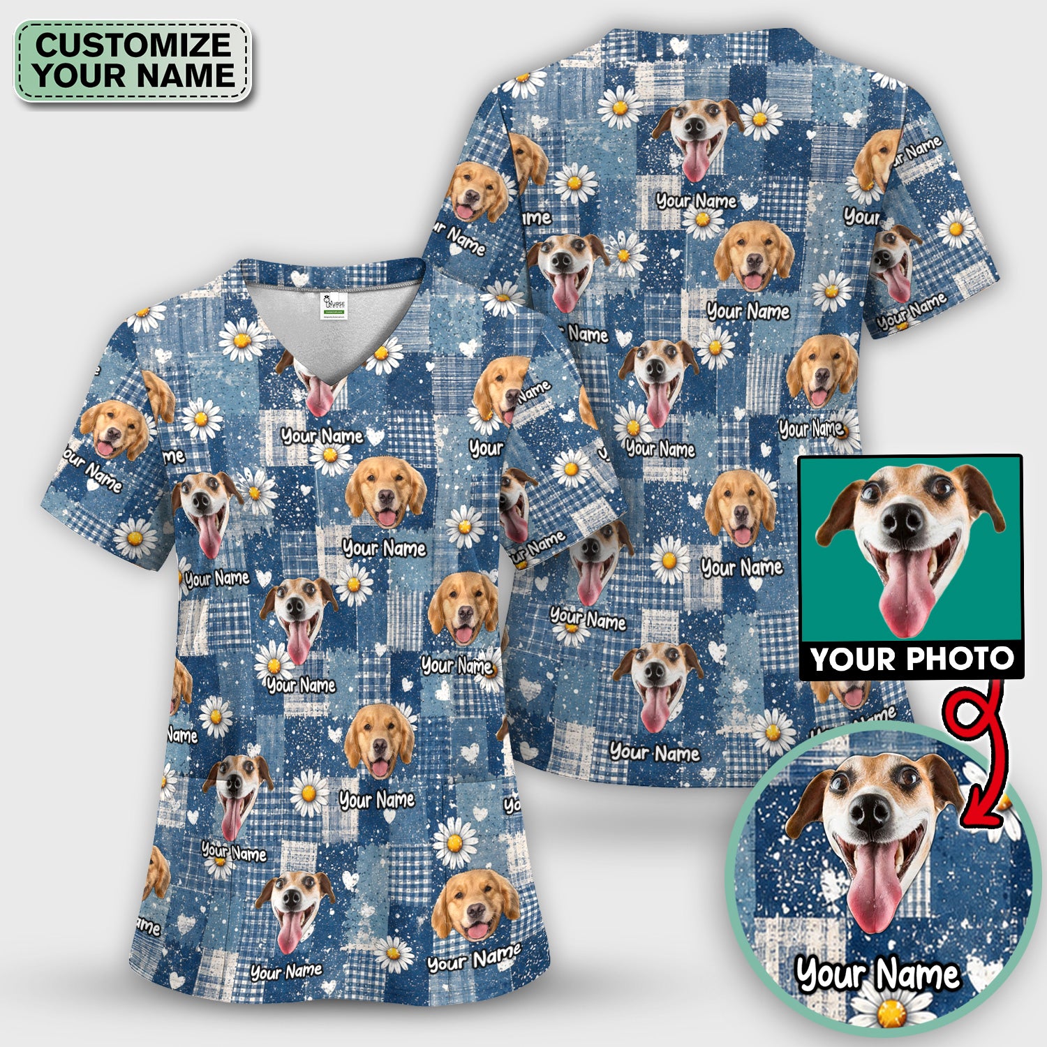 Personalized Cute Dog Portrait On Blue Patchwork Daisy Pattern Scrub Top, Comfortable Scrubs for Nurses