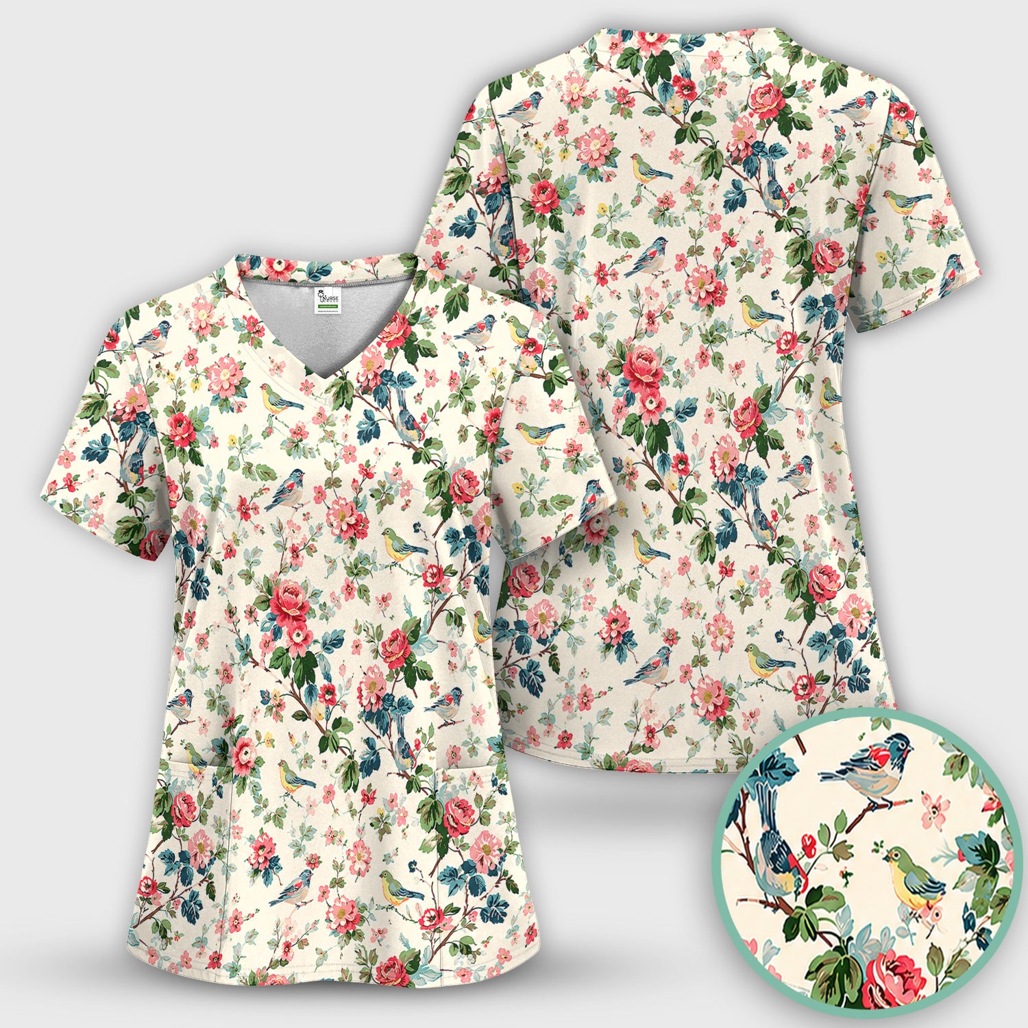 Songbird Rose Garden Pattern Scrub Top, Comfortable Scrubs for Nurses