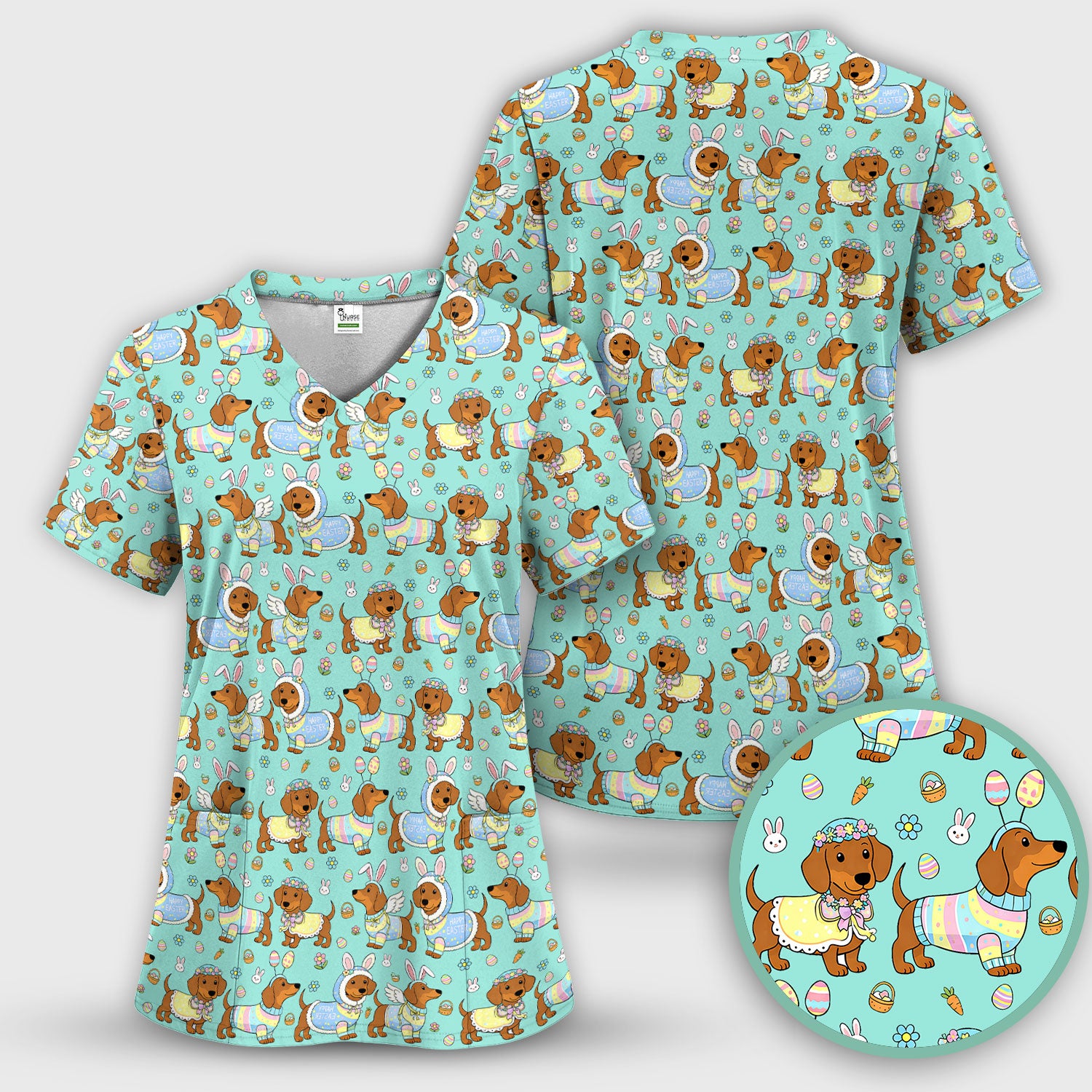Easter Dachshund Bunny Print Scrub Top, Breathable Fabrics Nursing Uniform
