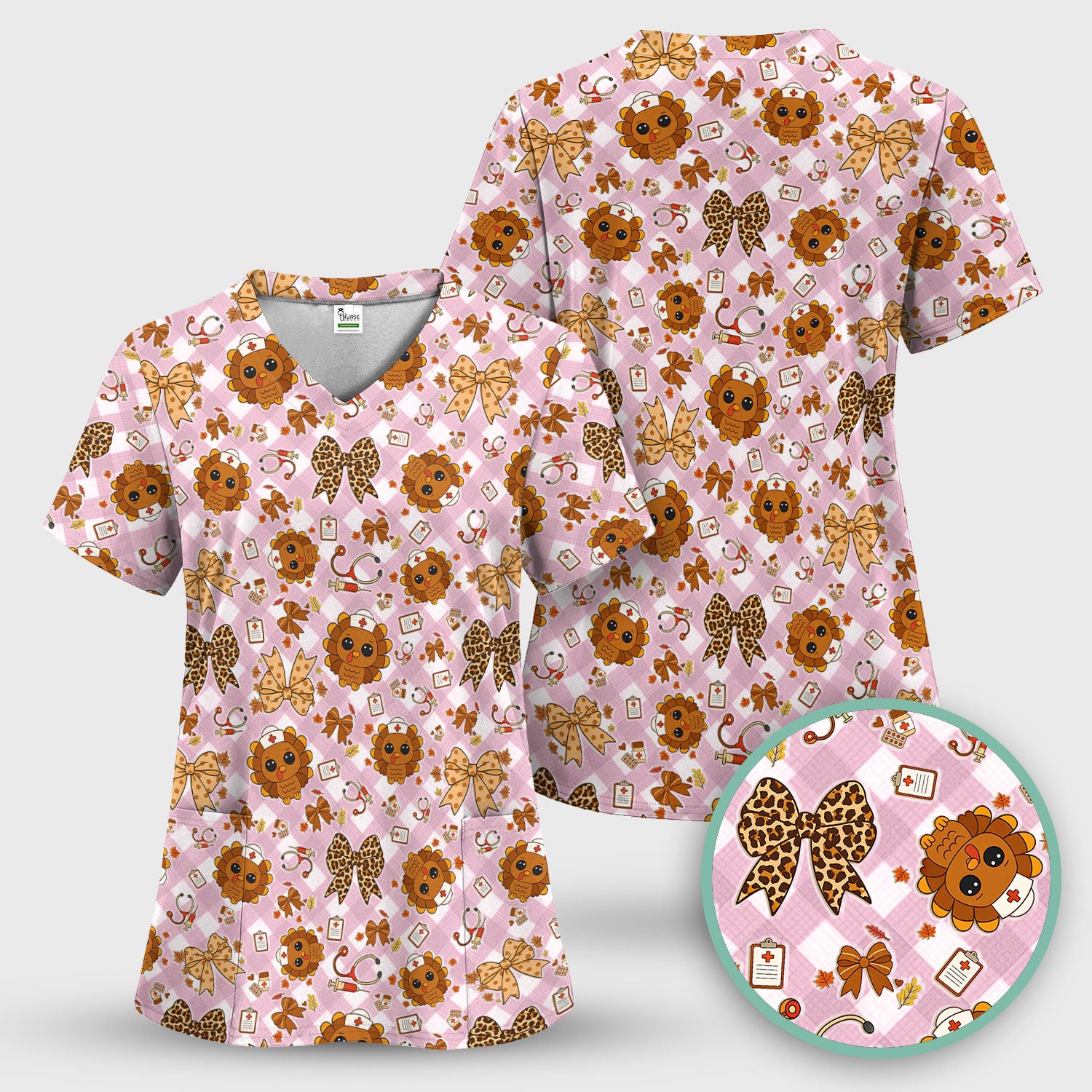 Thanksgiving Turkey Scrub Top for Nurses - Cute Fall Leaves and Bow Shirt - Funny Autumn Nursing Gift for Women RN LPN CNA