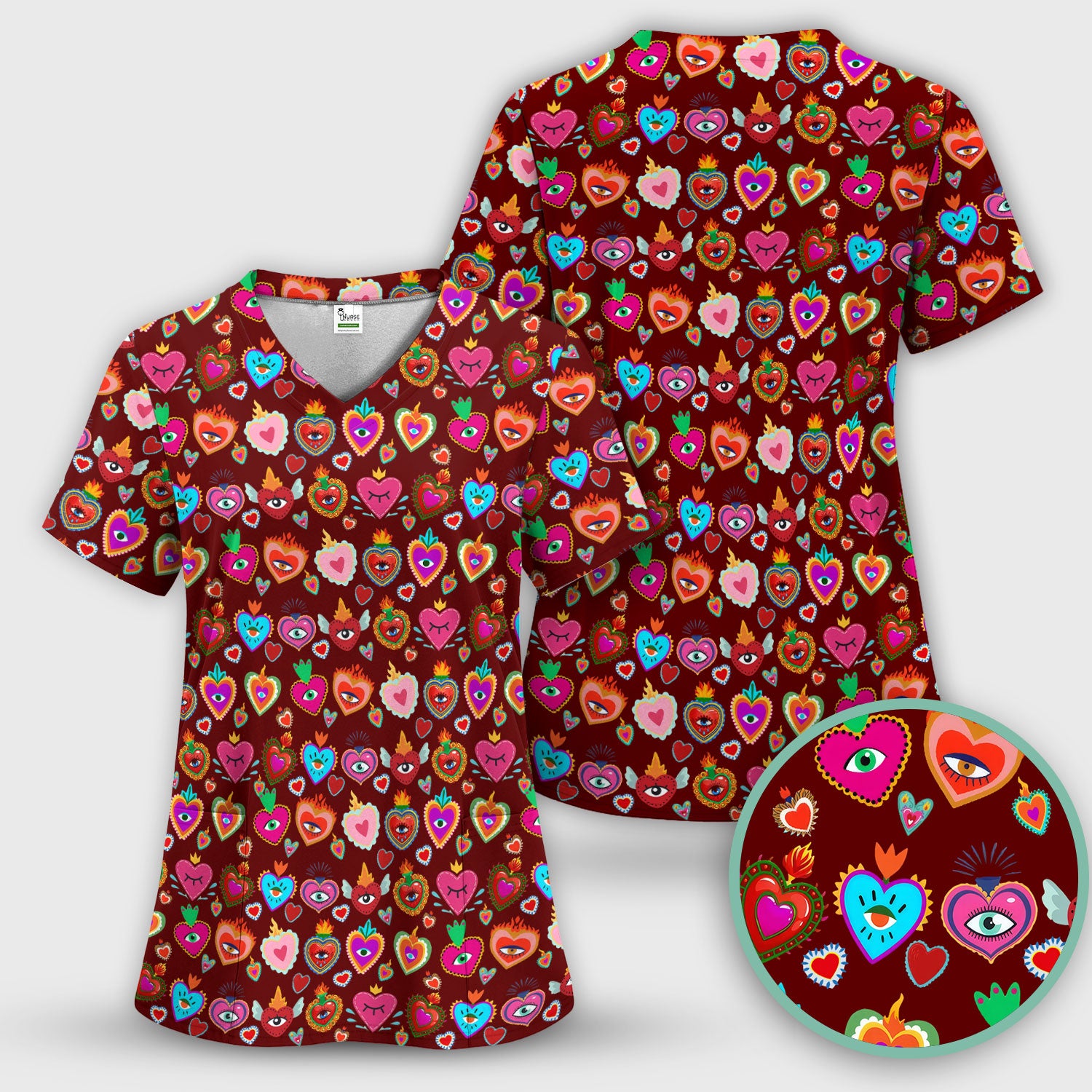 Valentine Colorful Sacred Heart Print Medical Scrub Top, Comfortable Scrubs for Nurses