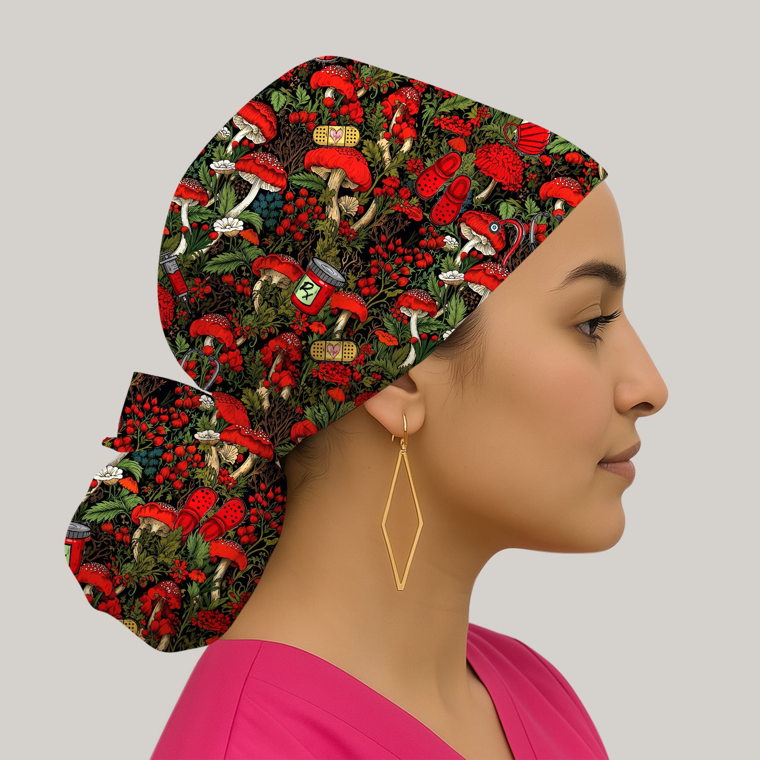 Red Mushroom Medical Forest Pattern Scrub Cap, Surgical Caps for Doctors