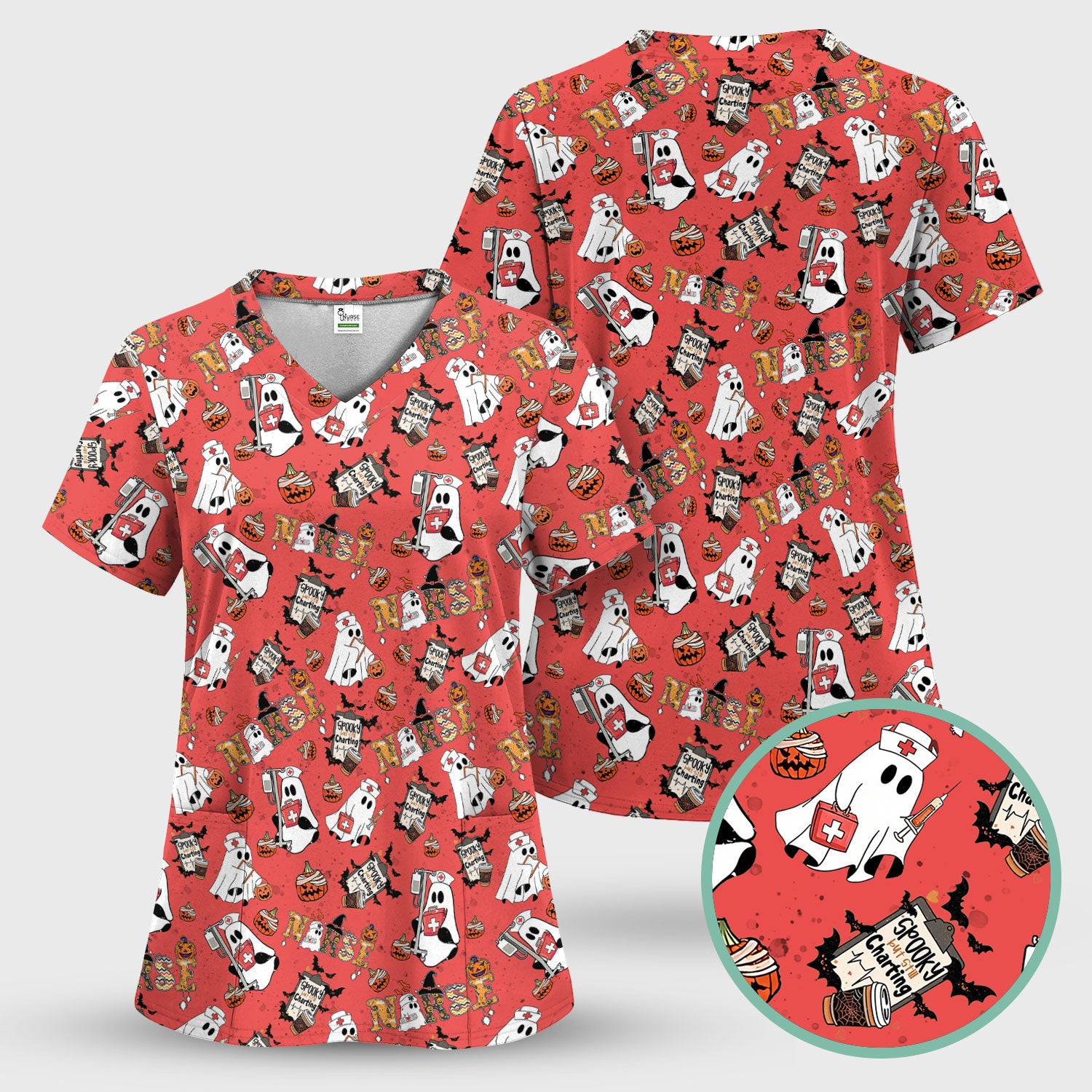 Halloween Scrub Top - Spooky But Still Charting - Funny Scrubs for Nurses - Horror Pumpkin Nursing Uniform