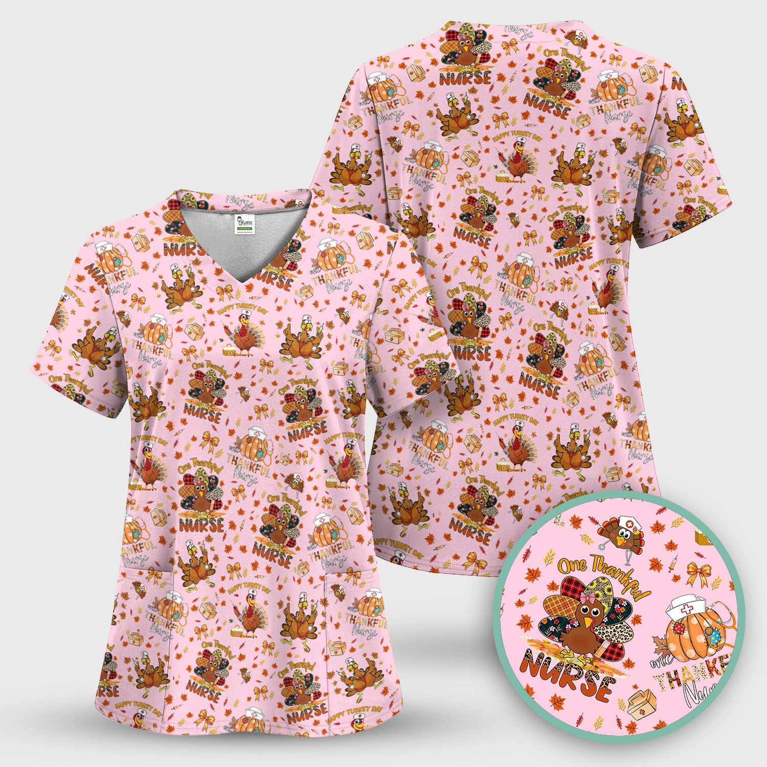 Thanksgiving Nurse Fall Scrub Top for Women - Cute Turkey and Pumpkin Shirt - Autumn Medical Shirt Gift for RN CNA LPN Doctor