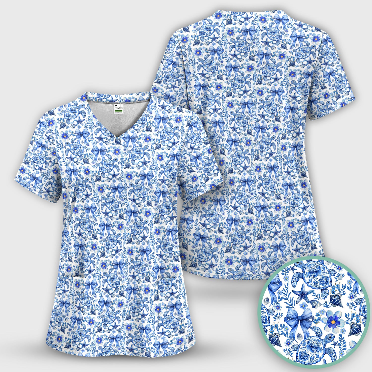 Cute Coastal Turtle Bow Pattern Scrub Top, Comfortable Scrubs for Nurses