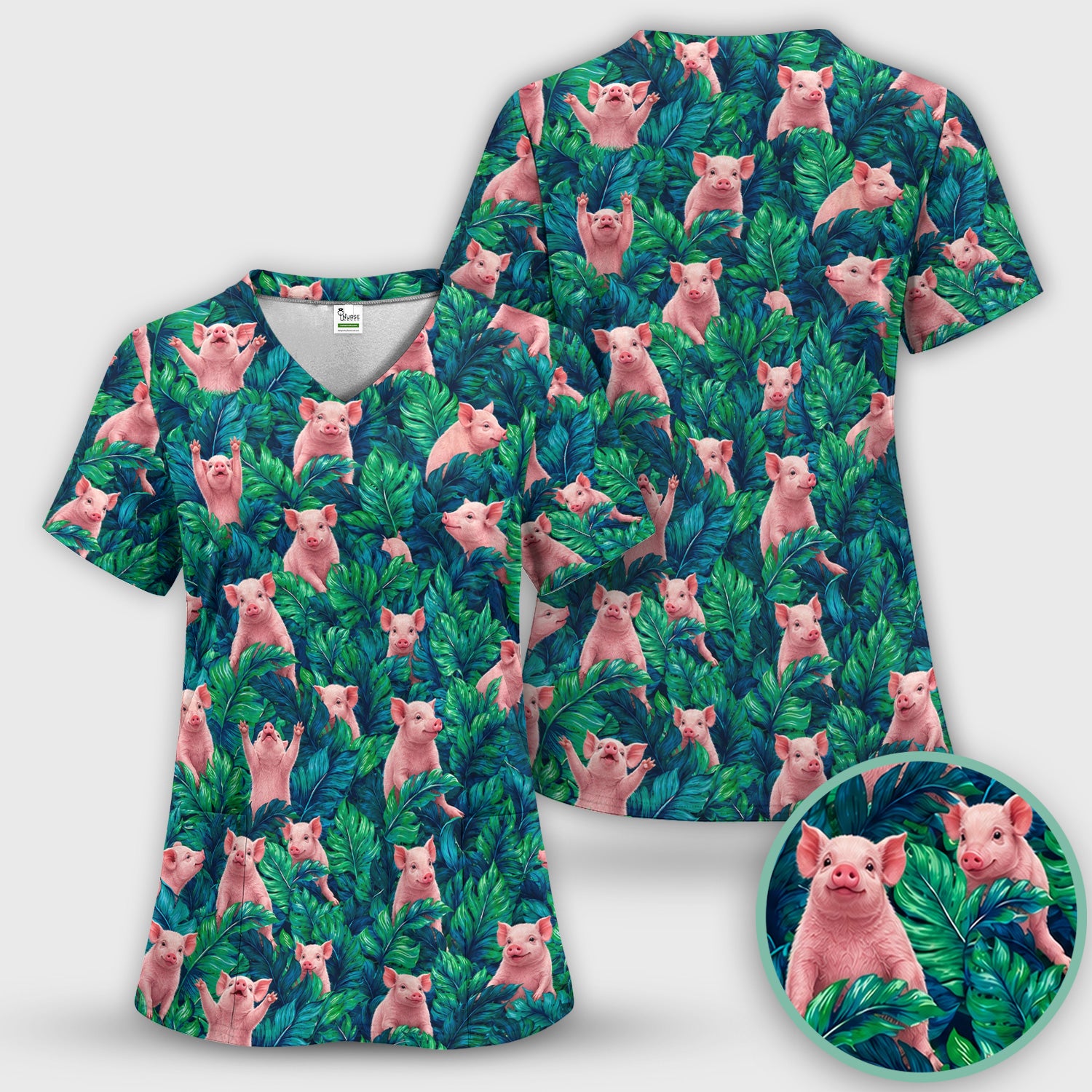 Cute Piglet Jungle Leaves Pattern Scrub Top, Comfortable Scrubs for Nurses
