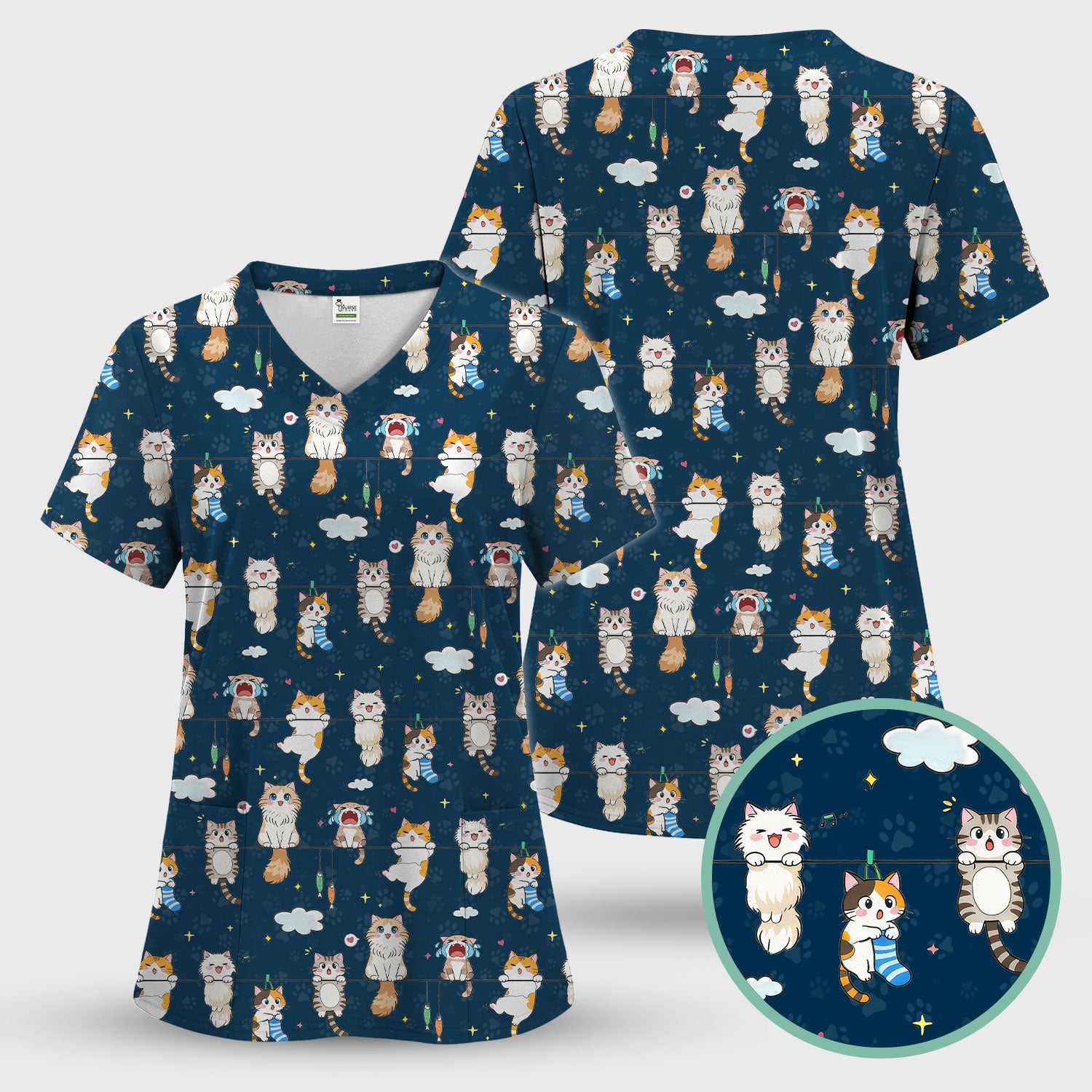 Funny Cats With Cute Expressions Pattern Scrubs Top, Comfortable Scrubs for Nurses