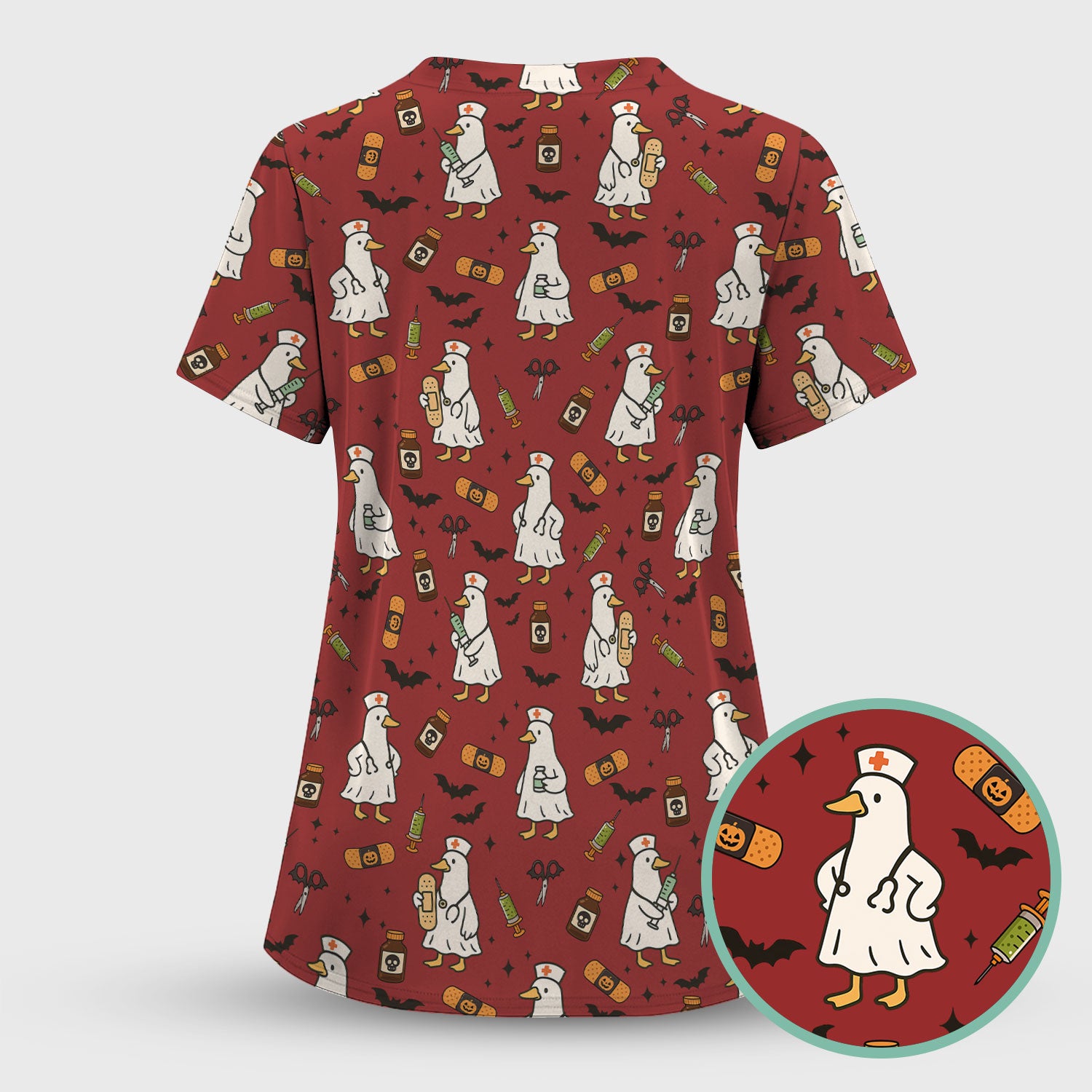 Cute Duck Pattern Nurse Scrub Top - Funny Goose Halloween Medical Design - Playful Spooky Nursing Shirt for RN LPN CNA Women