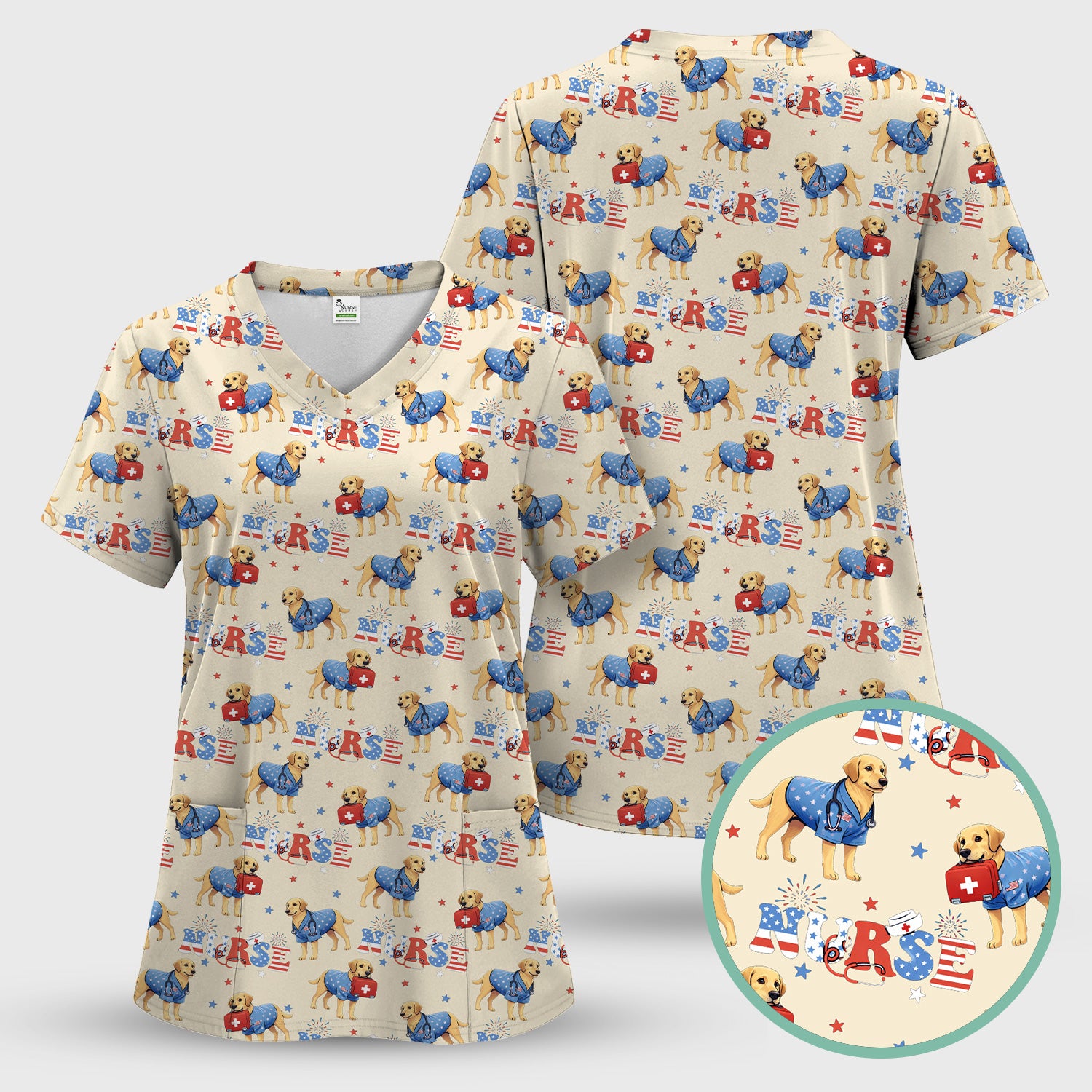 Patriotic Nurse Dog Medical Pattern Pattern Scrub Set, Women's Scrub Sets