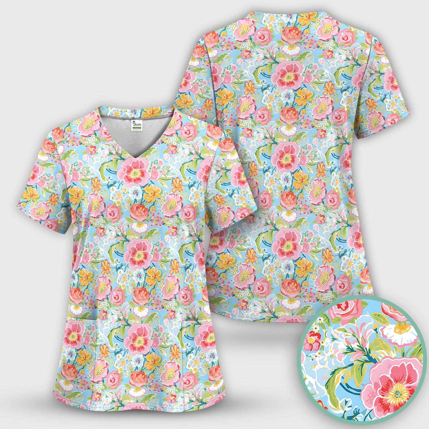 Pastel Tropical Floral Garden Pattern Scrub Top, Comfortable Scrubs for Nurses
