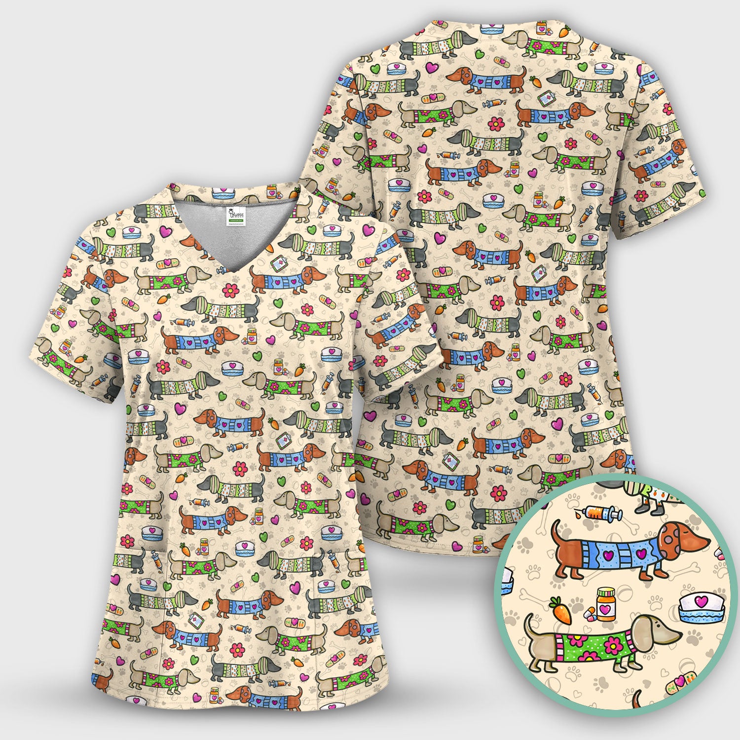 Cute Dachshund Nurse Scrub Set, Funny Wiener Dog Nursing Shirt, Breathable Fabrics Nursing Uniform