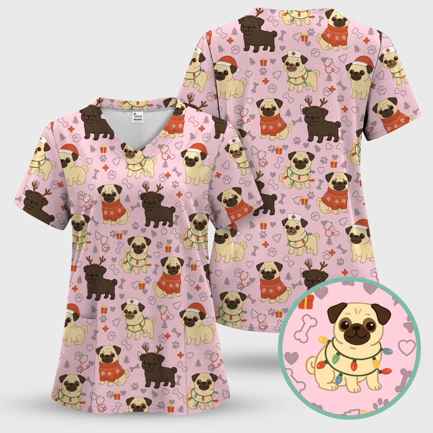 Funny Pug Christmas Nurse Scrub Set for Women - Cute Dog Pattern Holiday Medical Scrubs Top and Pants - Gift for RN LPN CNA