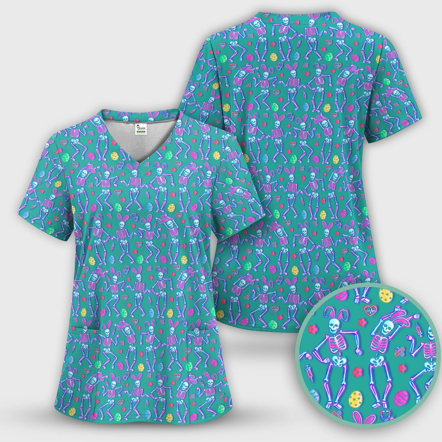 Neon Easter Skeleton Pattern Scrub Top, Comfortable Scrubs for Nurses