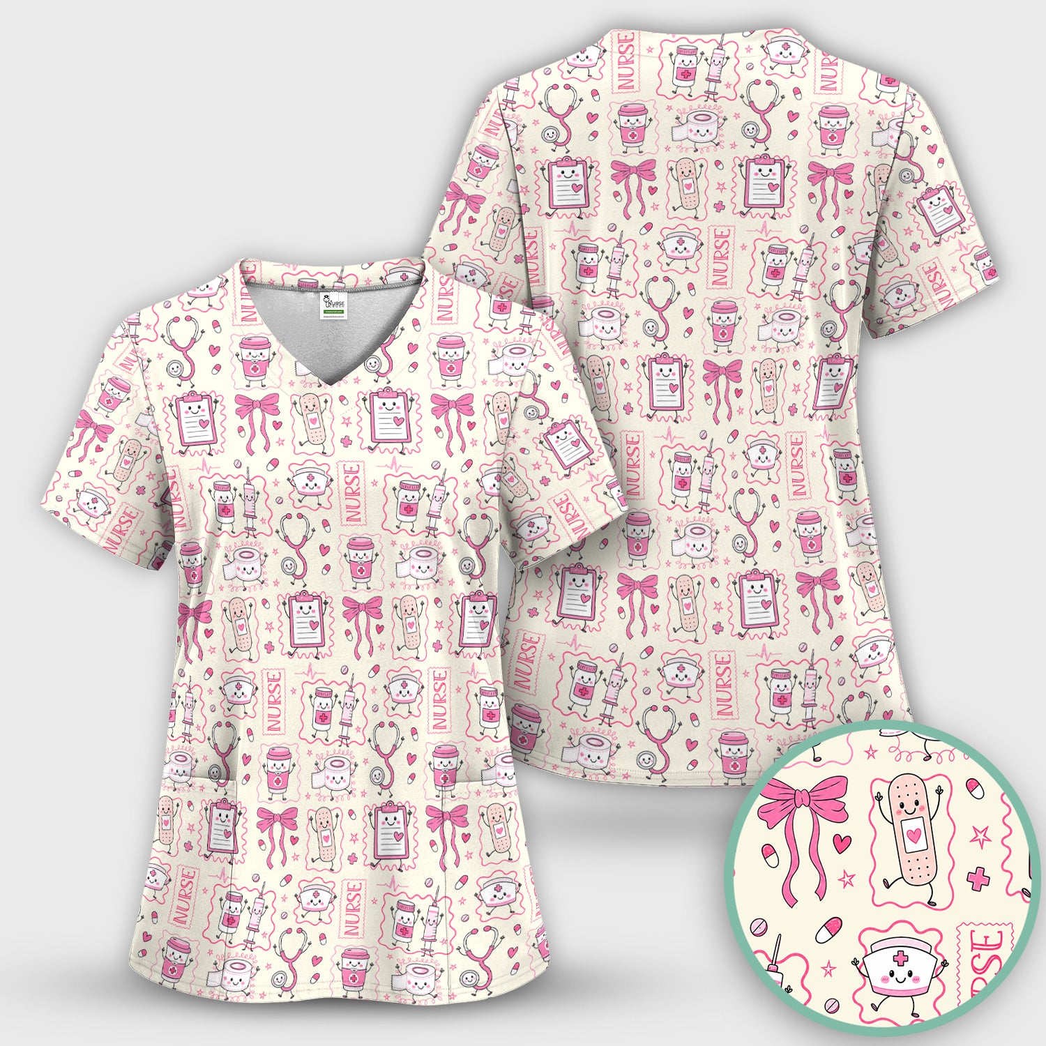 Cute Nurse Doodle with Bandage & Coffee Icons Scrub Top, Comfortable Scrubs for Nurses