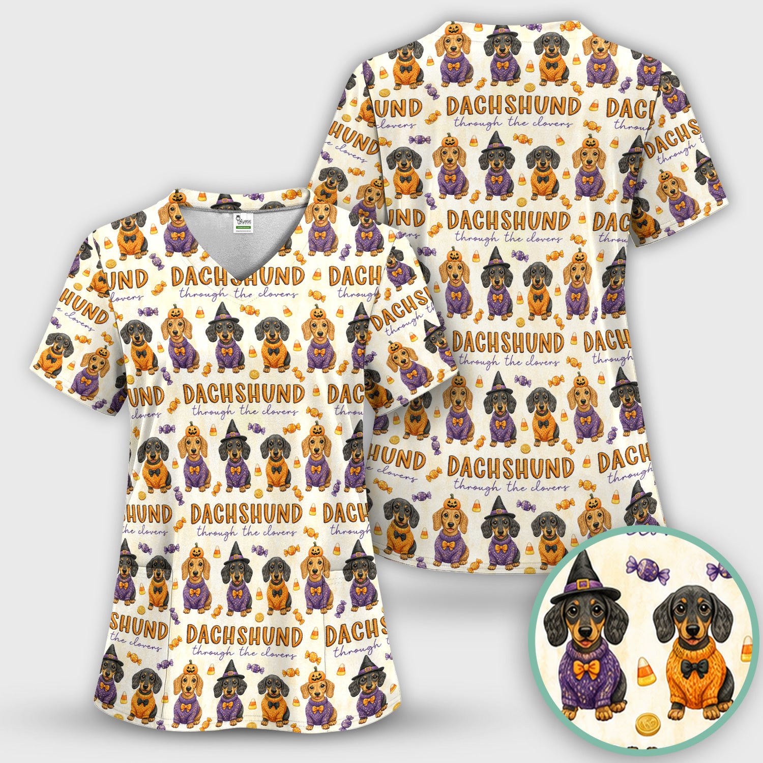 Candy Dachshund Pattern Scrub Set, Scrub Pants and V Neck Top