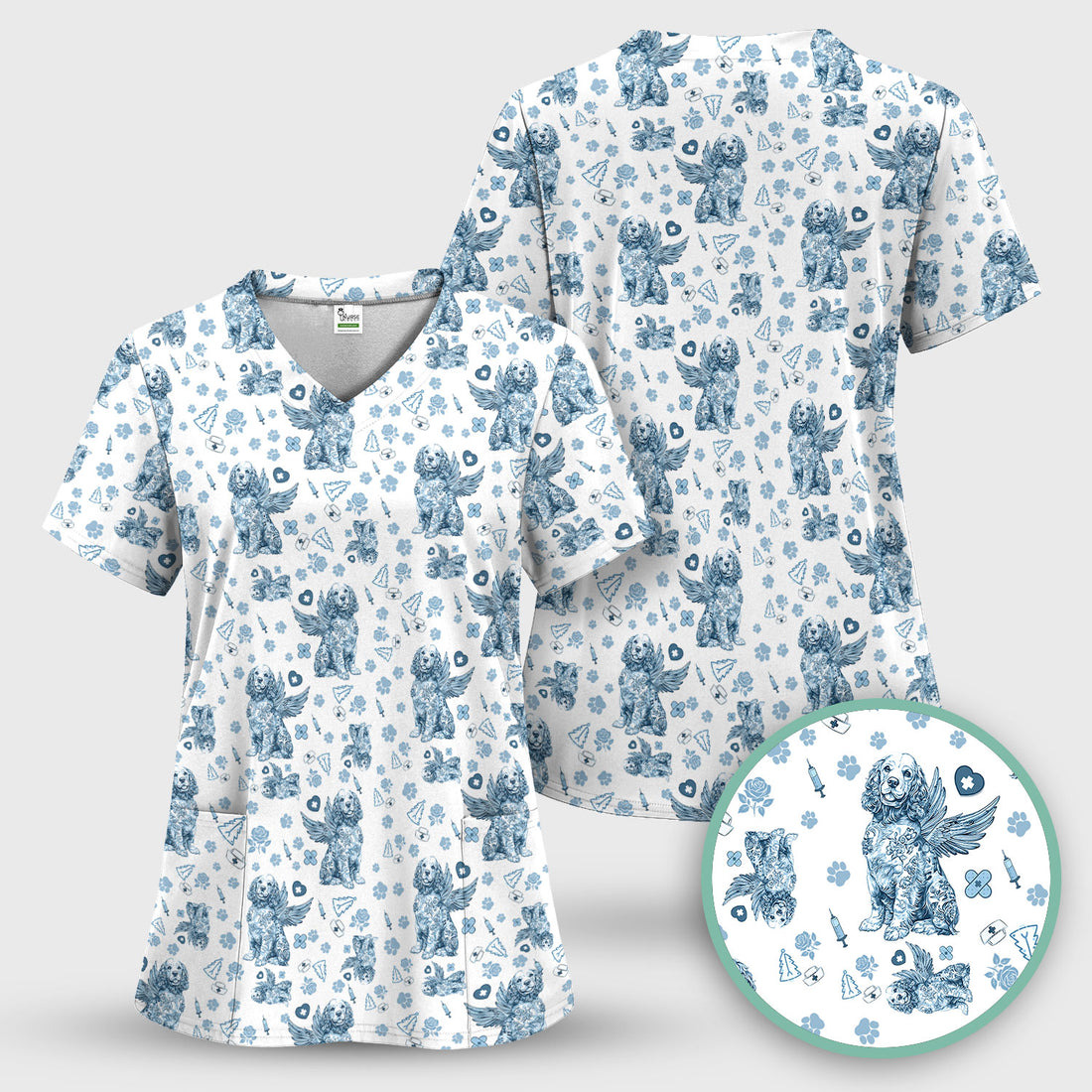 Toile De Jouy Scrubs for Nurses - Angel Puppy Medical Uniform - Floral Dog in Heaven Gift for Women, Vet Techs, RN CNA LPN