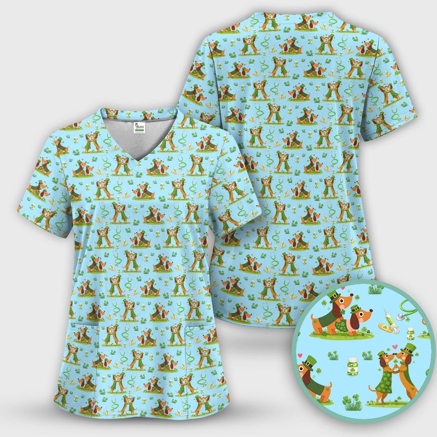 Valentine Cute Dachshund Nurse Shirt, Dog Heart Pattern, Comfortable Scrubs for Nurses