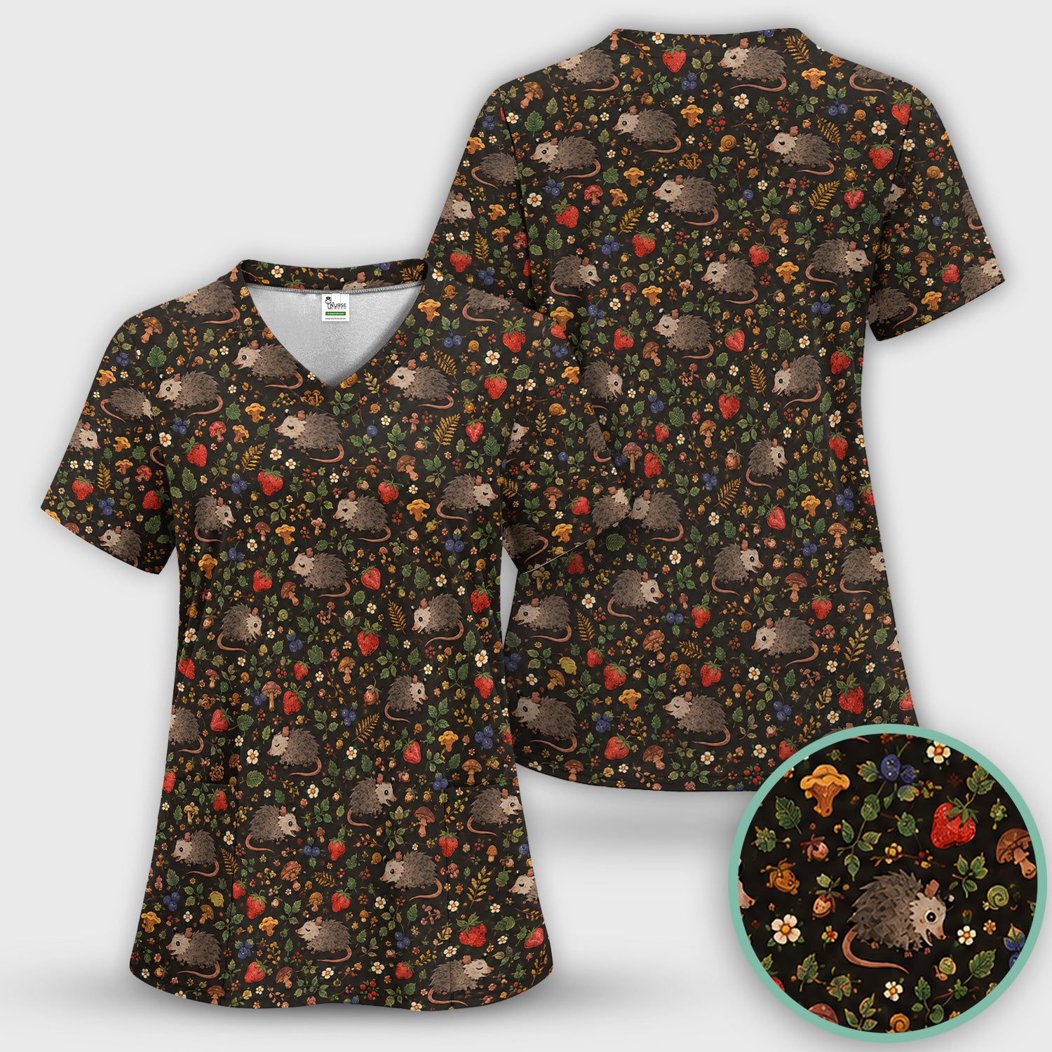 Woodland Opossum Berry Mushroom Pattern Scrub Top, Comfortable Scrubs for Nurses