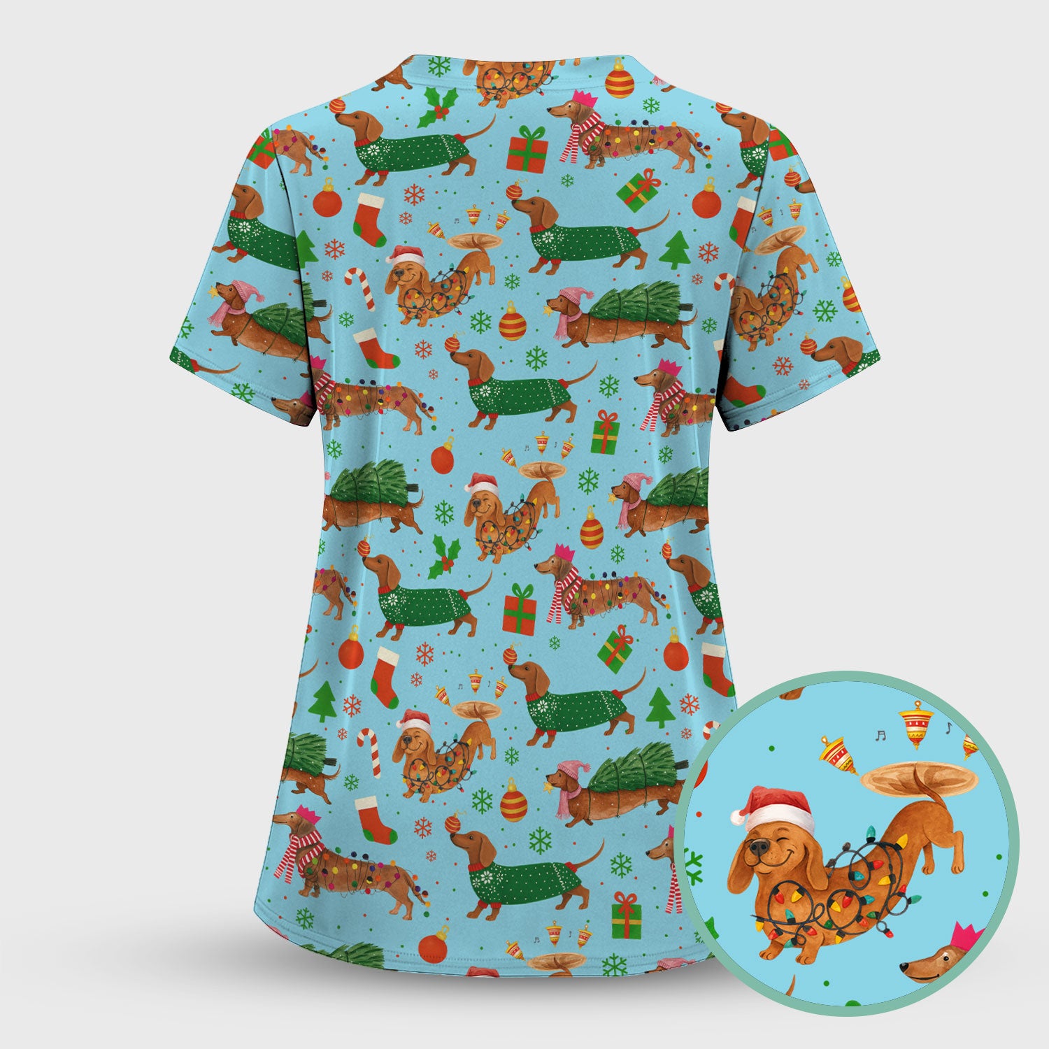 Funny Christmas Dog Scrub Top - Dachshund Multi Color Scrub Shirt - Holiday Scrubs Gift for Nurse, CNA, RN, Doctor, Medical Staff