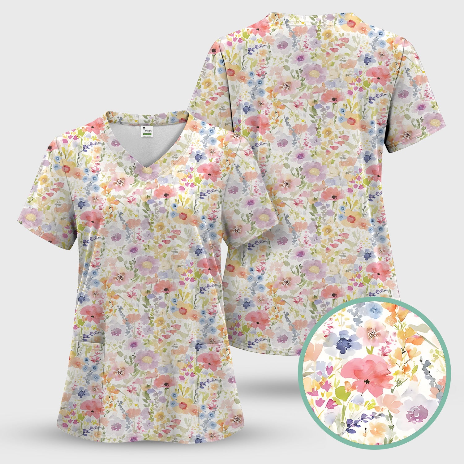 Pastel Watercolor Floral Nursing Scrub Shirt V-Neck Medical Work Top