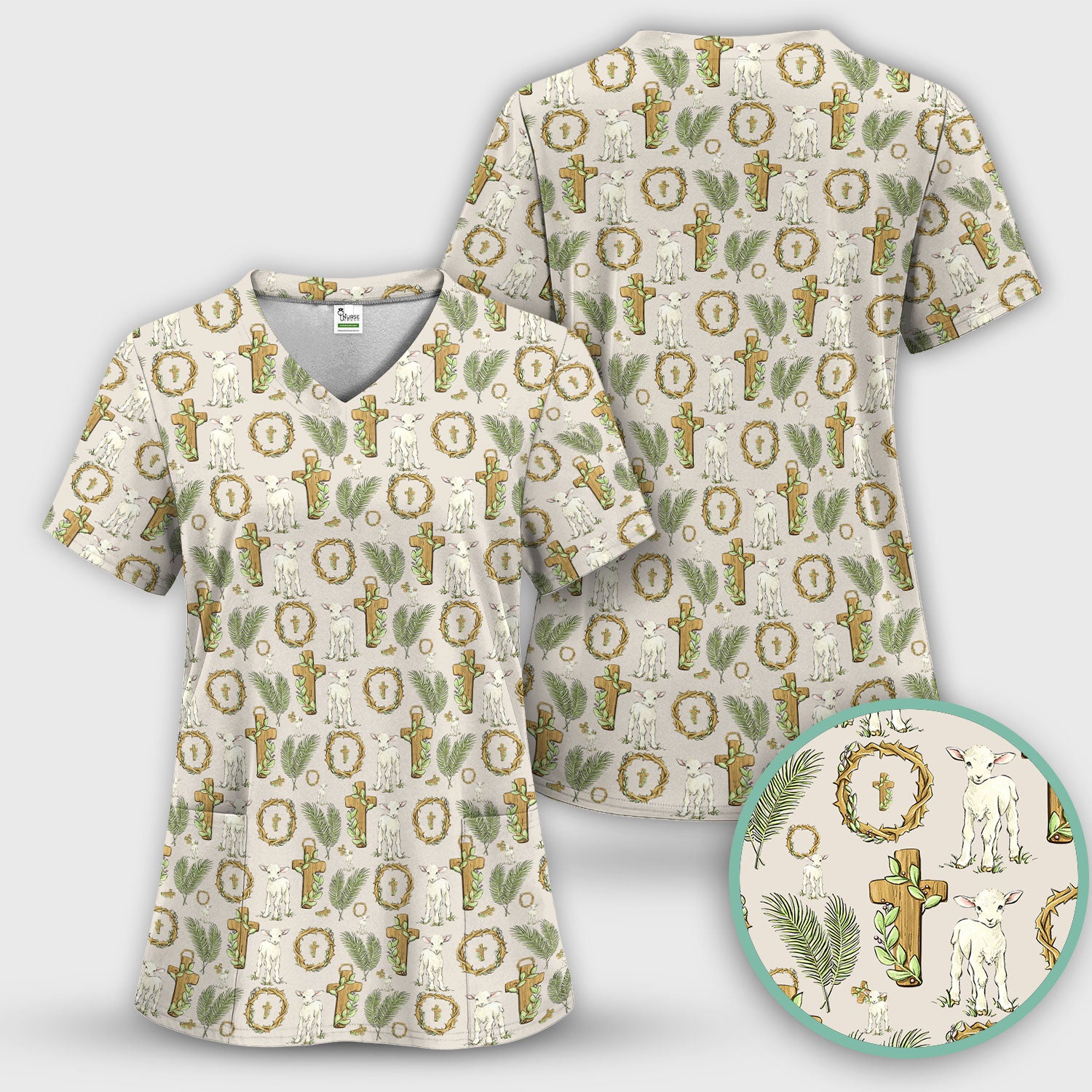 Faith Lamb Cross Pattern Scrub Top, Comfortable Scrubs for Nurses