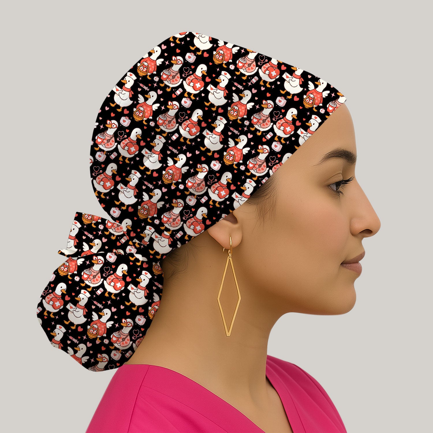 Valentine Goose Nurse Scrub Cap, Heart Medical Pattern Nurse Hat, Breathable Fabrics Nursing Uniform