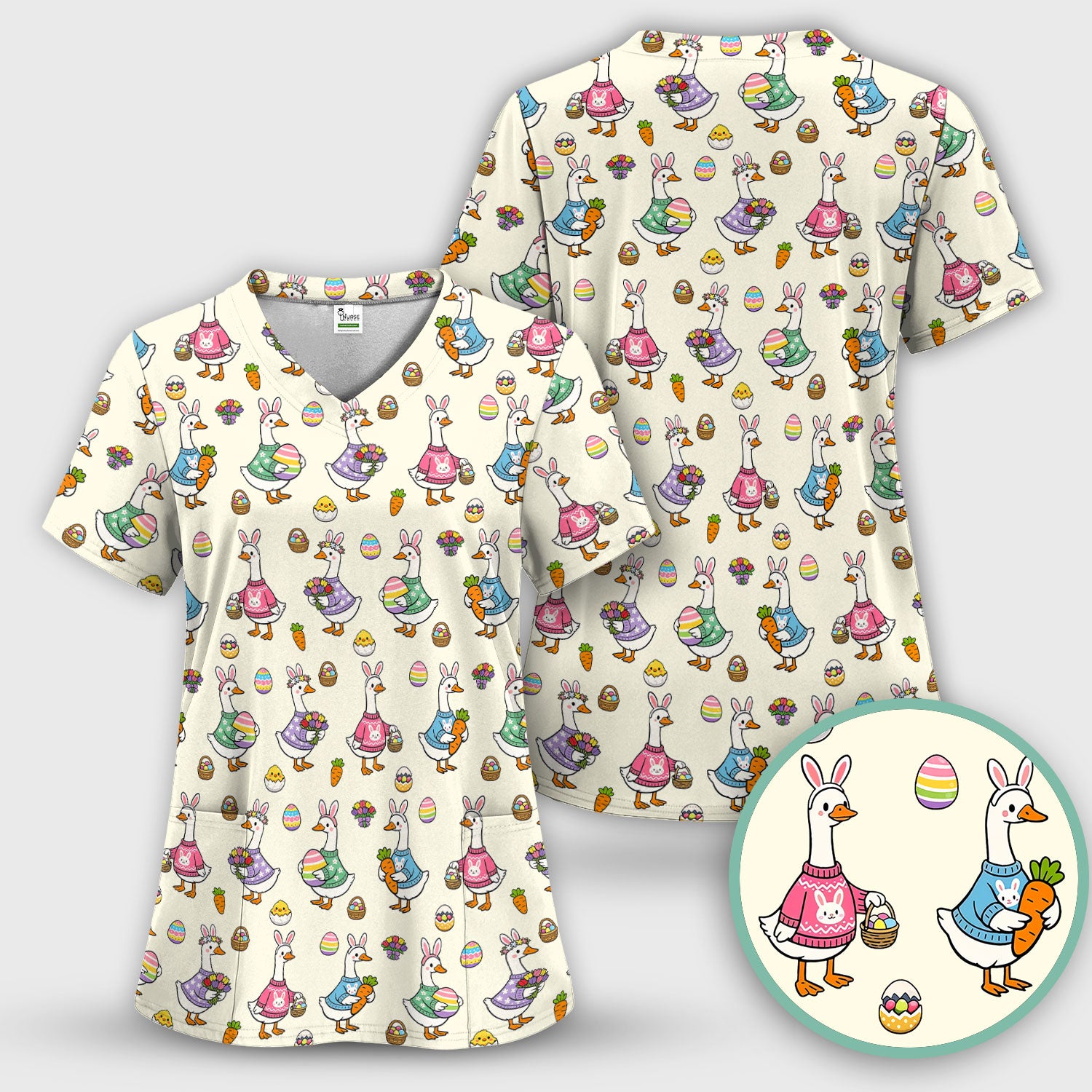 Cute Easter Goose Pattern Scrub Top, Breathable Fabrics Nursing Uniform