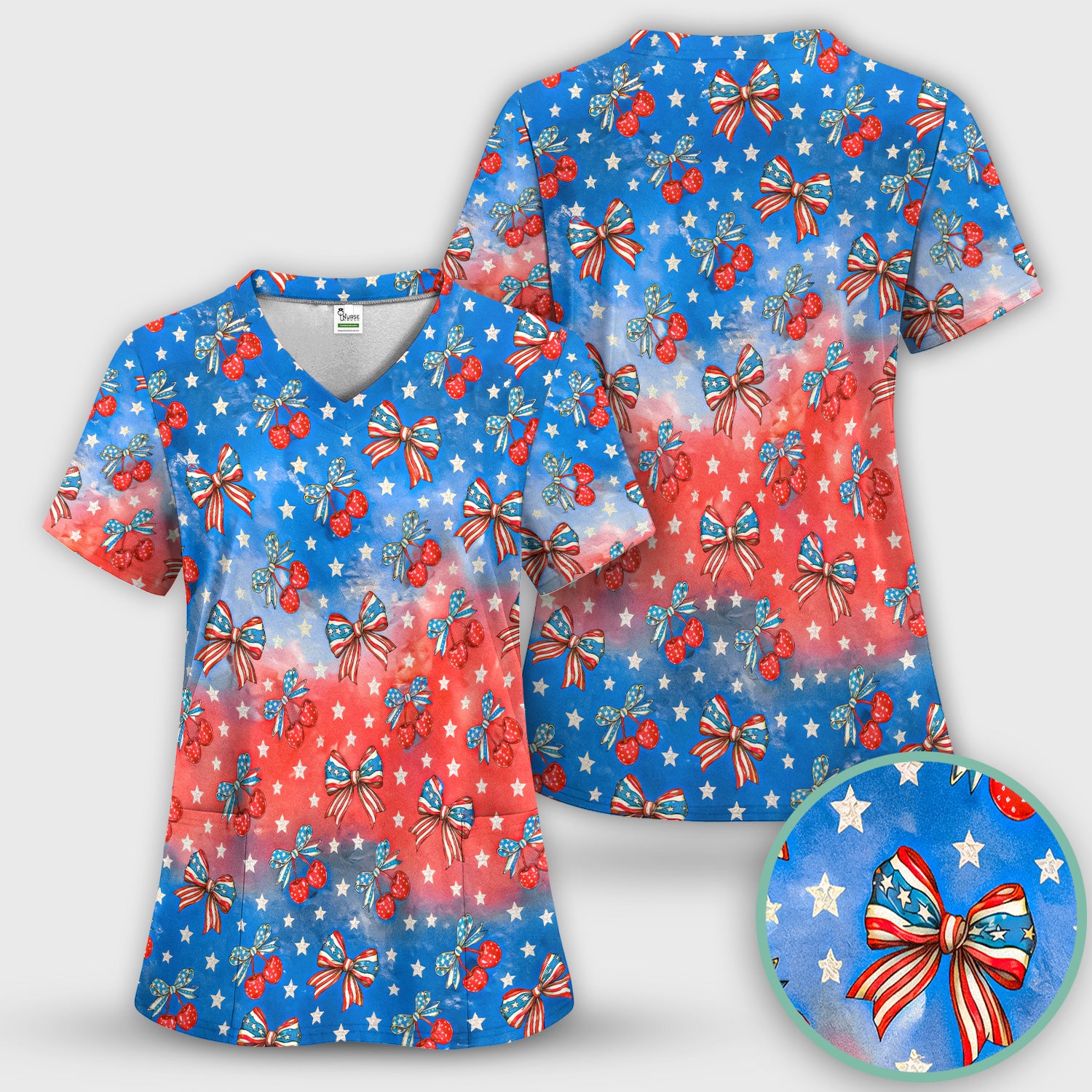 Festive Patriotic Star Bow Cherry Pattern Scrub Set, Scrub Pants and V Neck Top