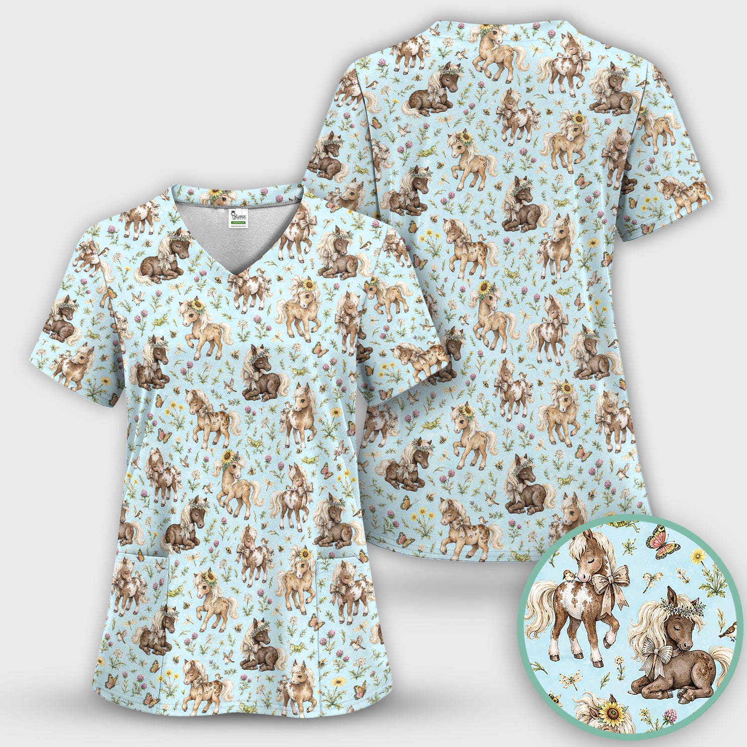 Cute Pony Garden with Butterfly Floral Meadow Print Scrub Top, Comfortable Scrubs for Nurses