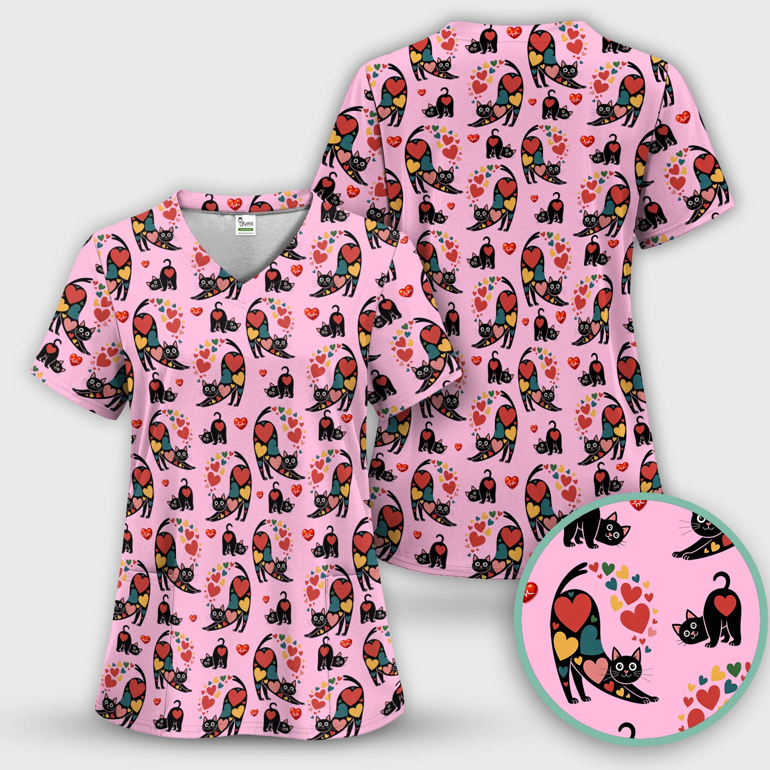 Playful Cat Valentine Heart Print Nurse Scrub Top, Comfortable Scrubs for Nurses