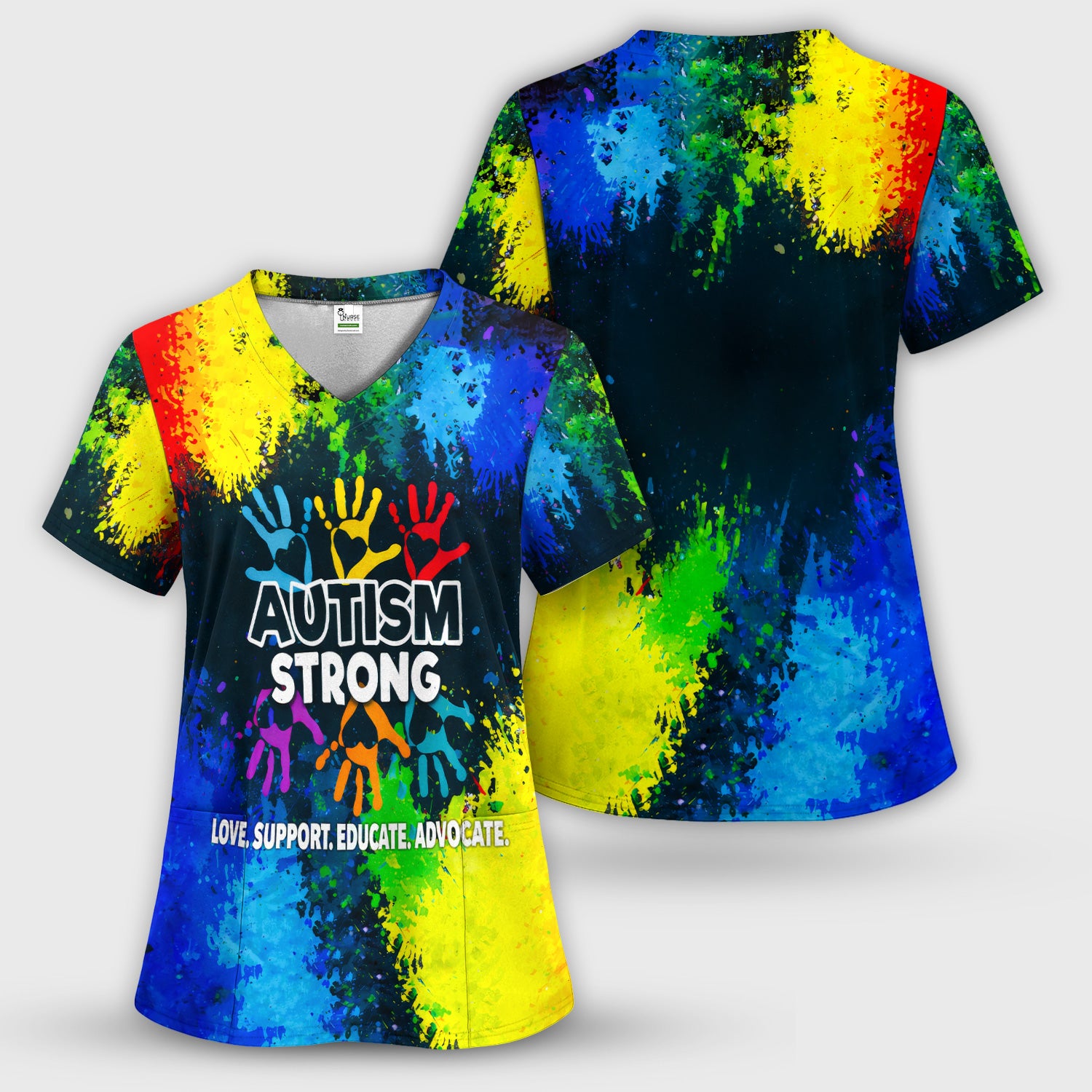 Autism Strong Colorful Handprint Scrub Top, Breathable Fabrics Nursing Uniform