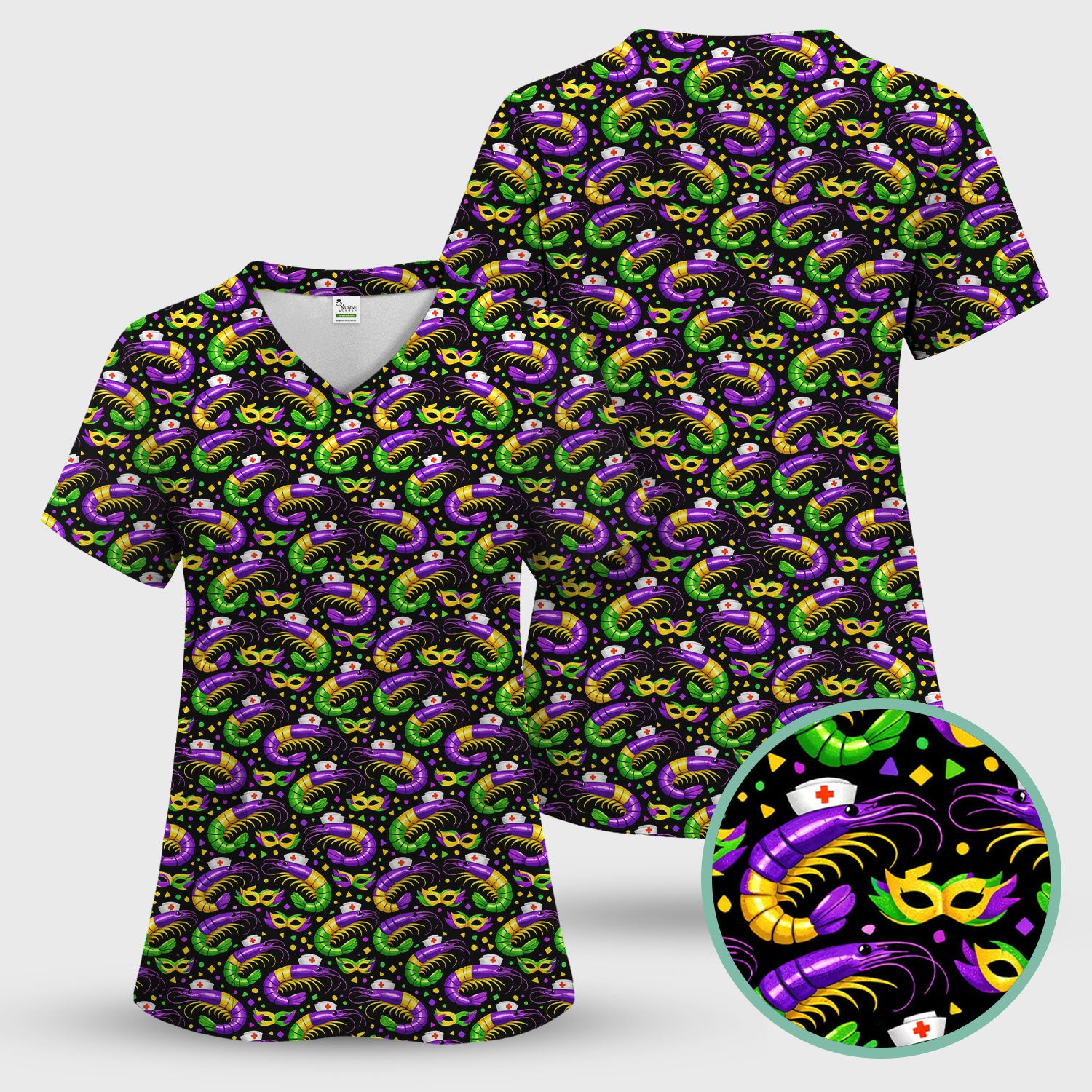 Mardi Gras Pattern Scrub Top, Crawfish Carnival Medical Nurse Scrub Shirt, Breathable Fabrics Nursing Uniform