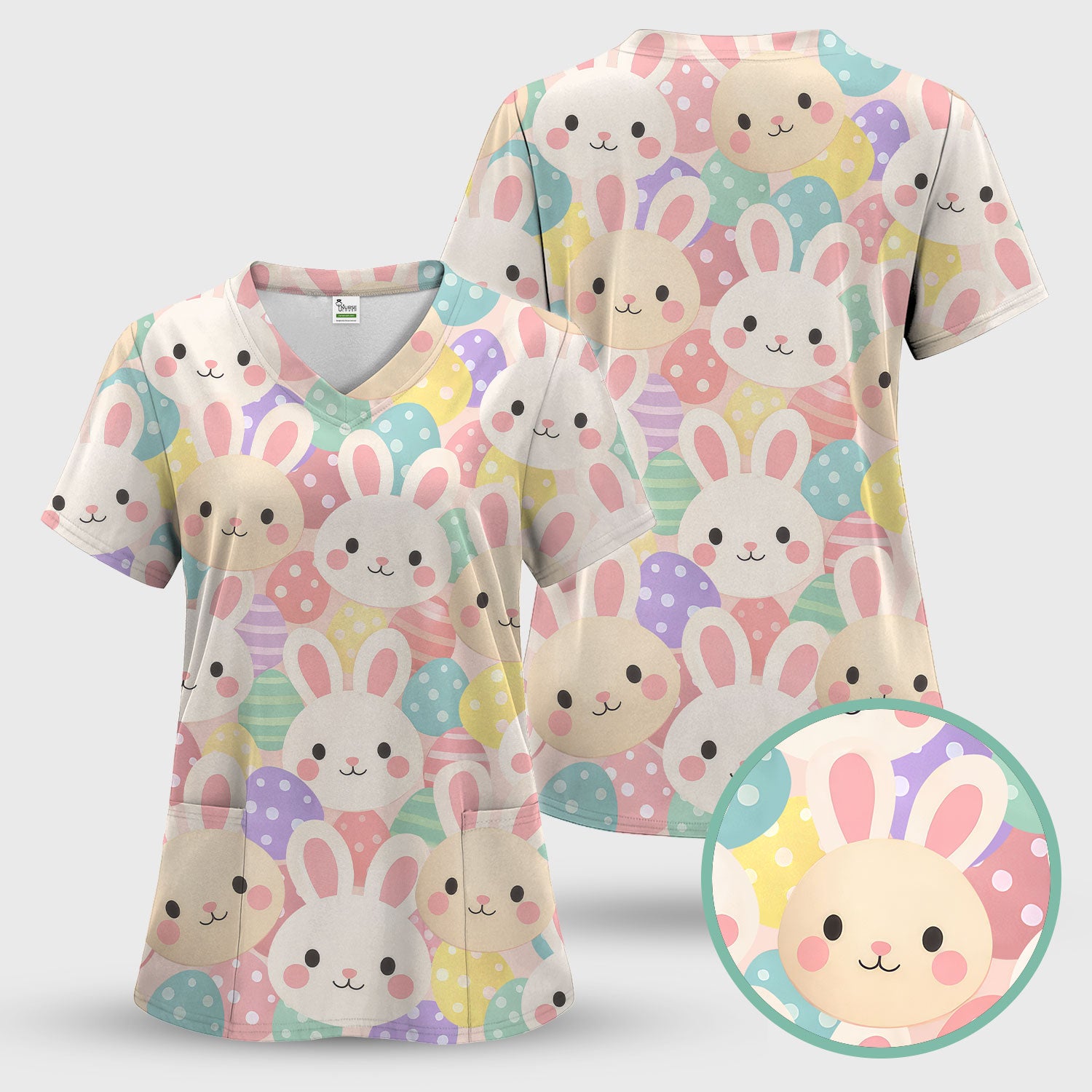 Pastel Bunny Faces Easter Eggs Pattern Scrubs Top, Comfortable Scrubs for Nurses