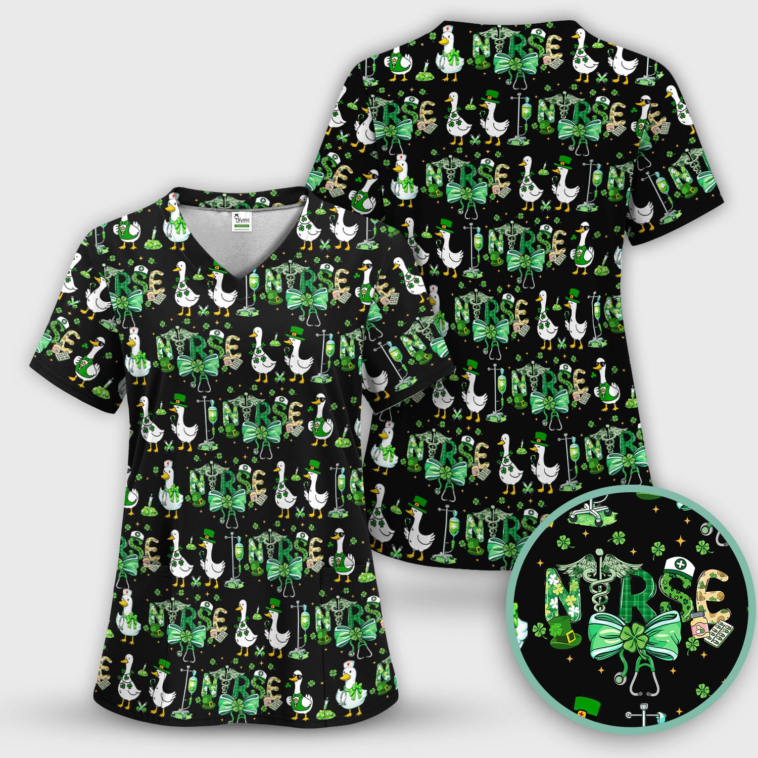 Funny Goose Nurse Shamrock Scrub Top, St. Patrick’s Day Nurse Pattern Shirt, Breathable Fabrics Nursing Uniform