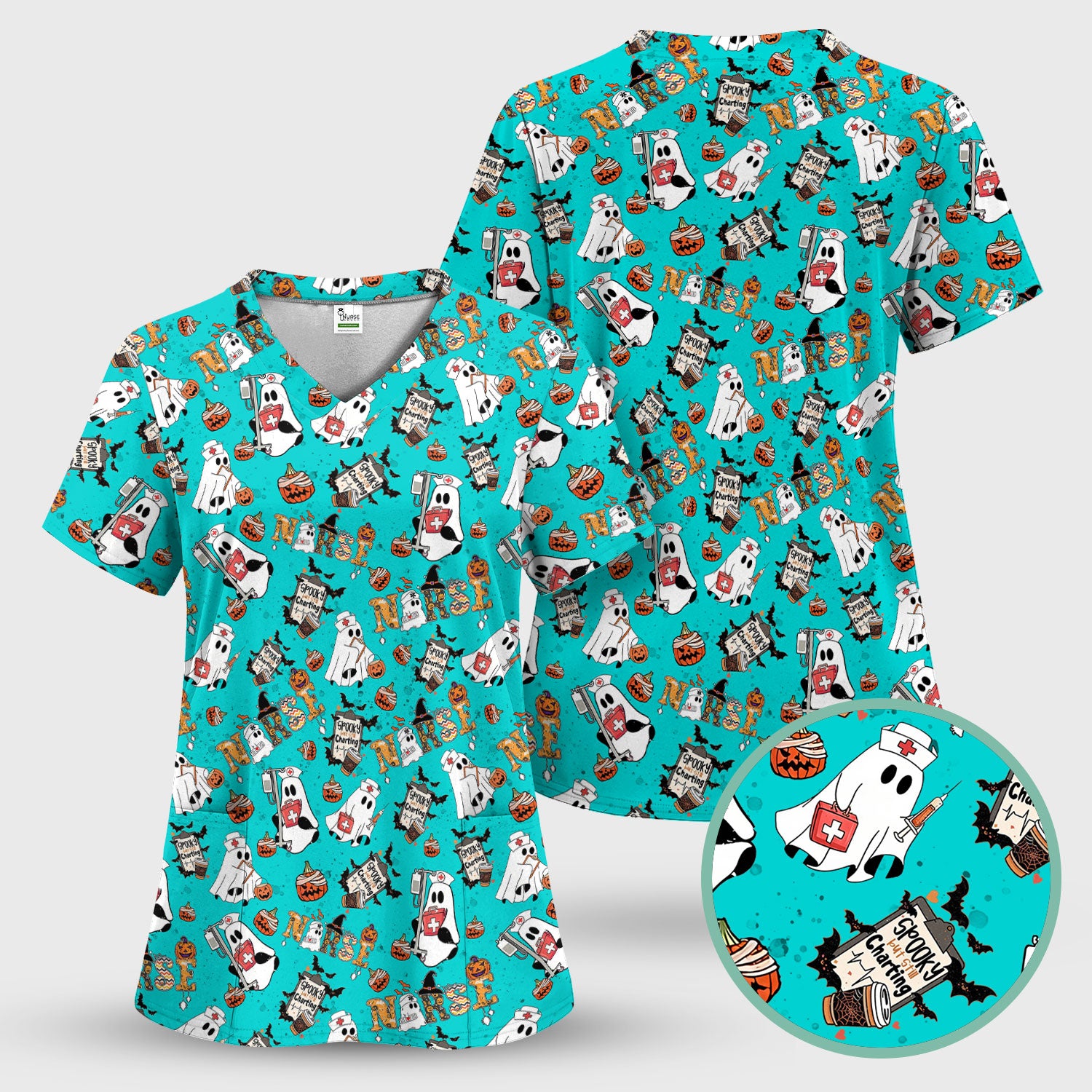 Spooky But Still Charting Halloween Scrub Top - Comfortable Scrubs for Nurses - Funny Boo Pumpkin Nursing Uniform