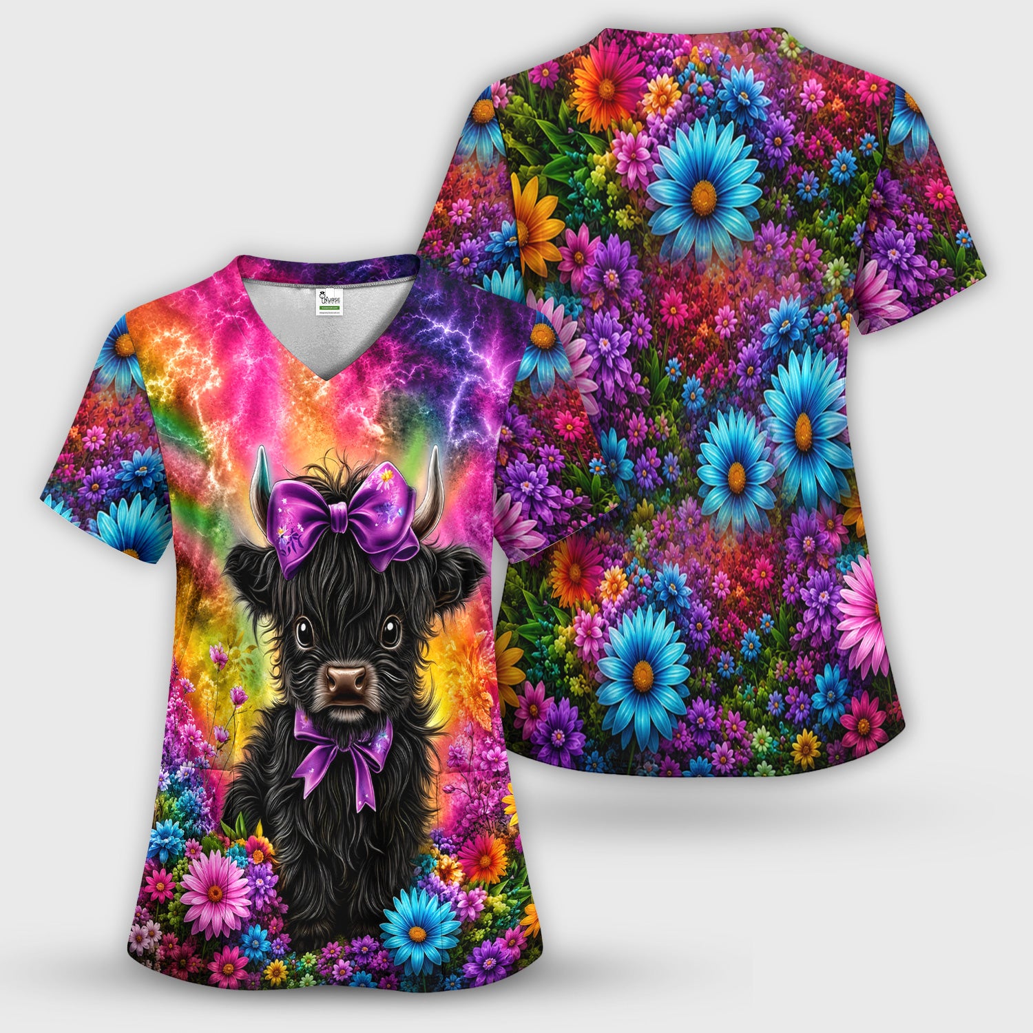 Cute Highland Cow Rainbow Floral Pattern Scrub Set, Scrub Pants and V Neck Top