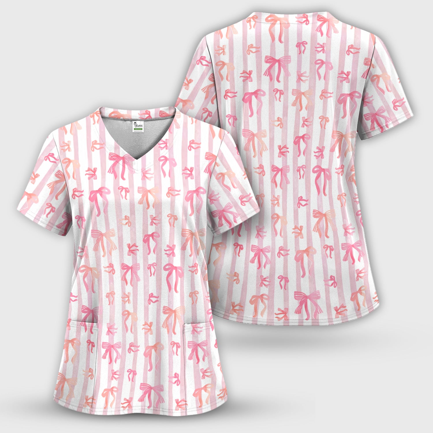 Pink Bow Stripe Pattern Print Scrub Top, Comfortable Scrubs for Nurses