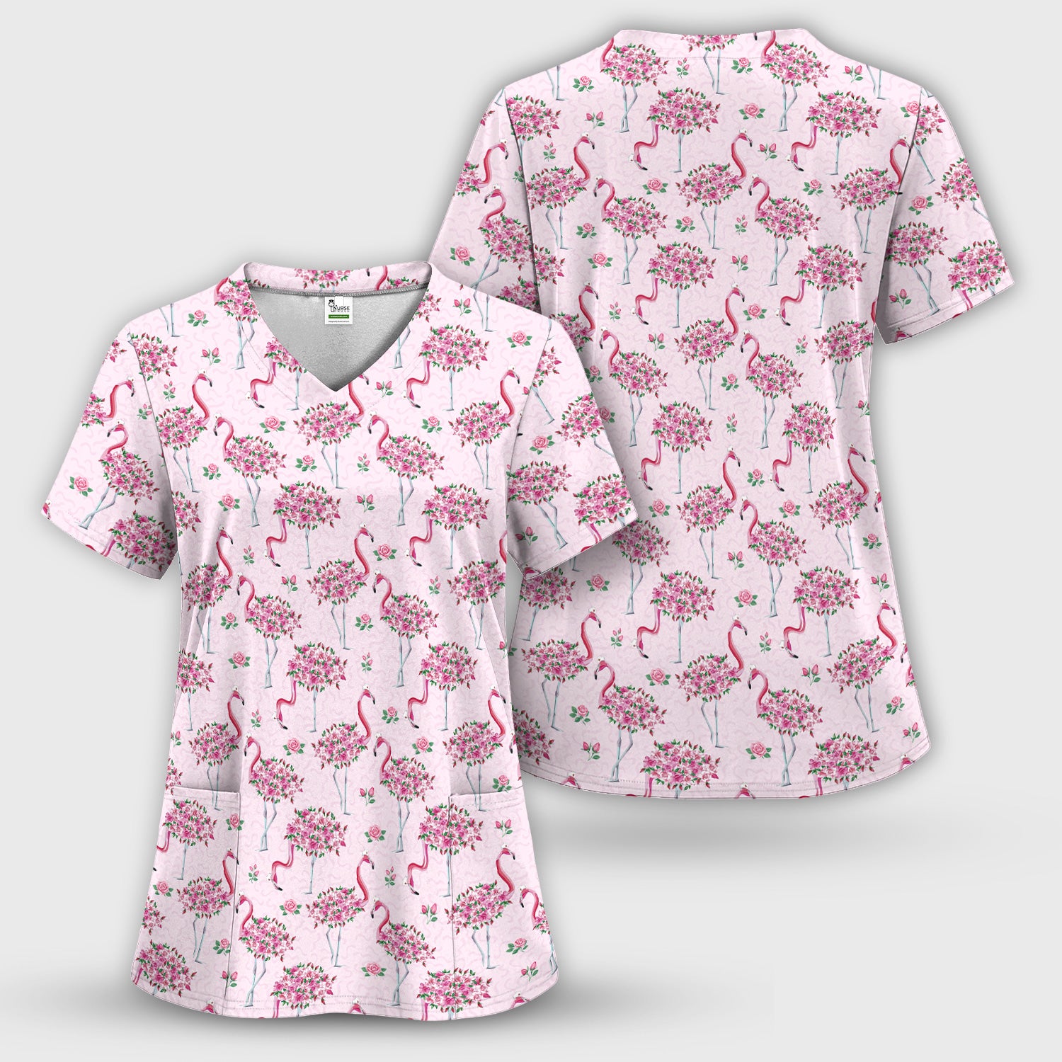 Pink Flamingo Floral Pattern Scrub Top, Comfortable Scrubs for Nurses