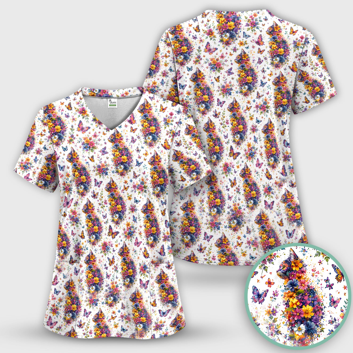 Cute Floral Cat With Butterfly Pattern Scrub Top, Comfortable Scrubs for Nurses
